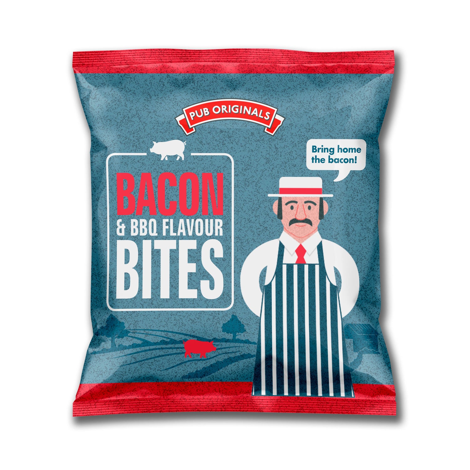 Packaging of Bacon & BBQ Flavour Bites with a character illustration and text on a blue background.