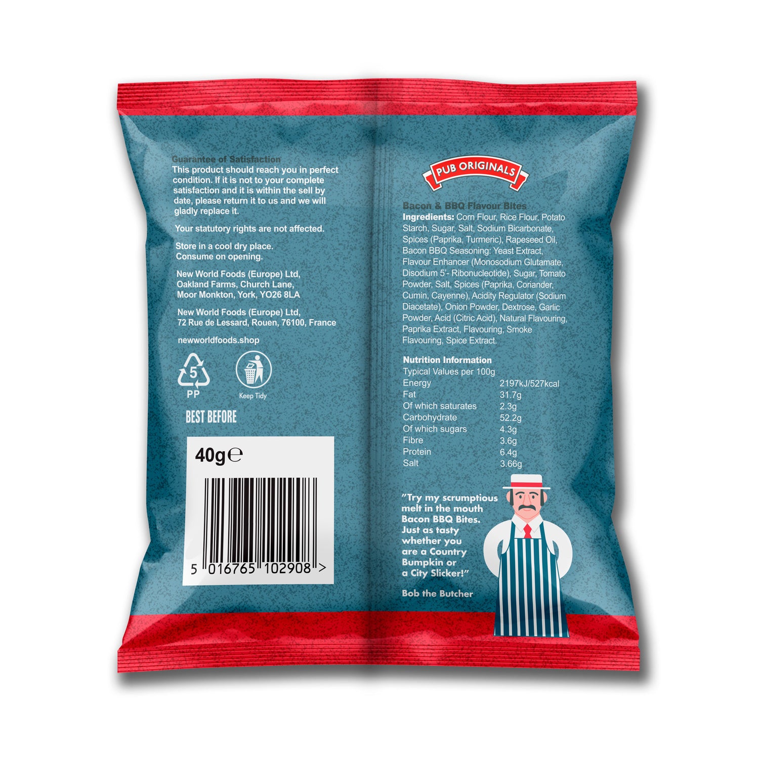Back view of Pub Originals Bacon & BBQ bites packet with text and graphics on a white background