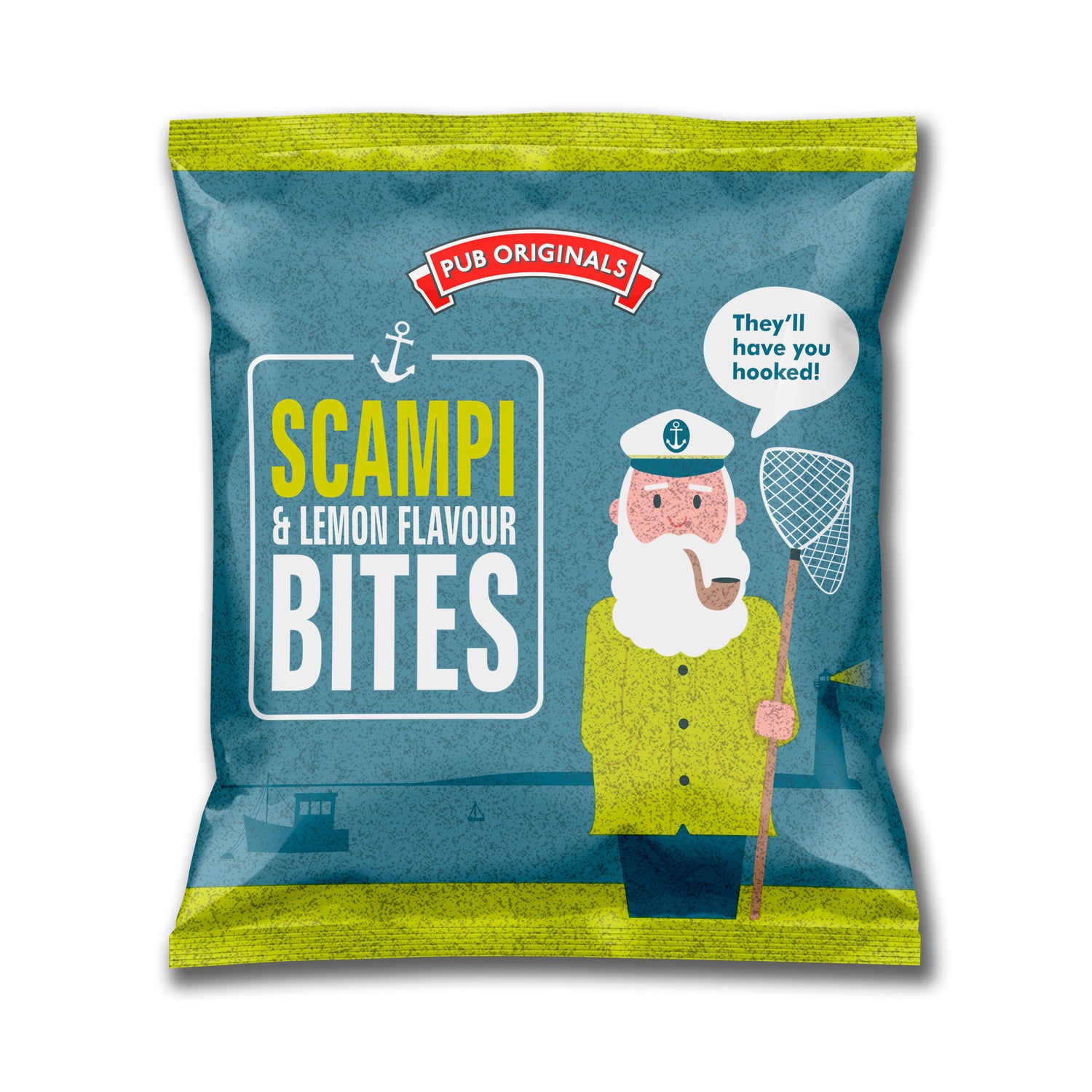 Packaging of Pub Originals Scampi & Lemon Flavour Bites with a cartoon fisherman character on a blue background.
