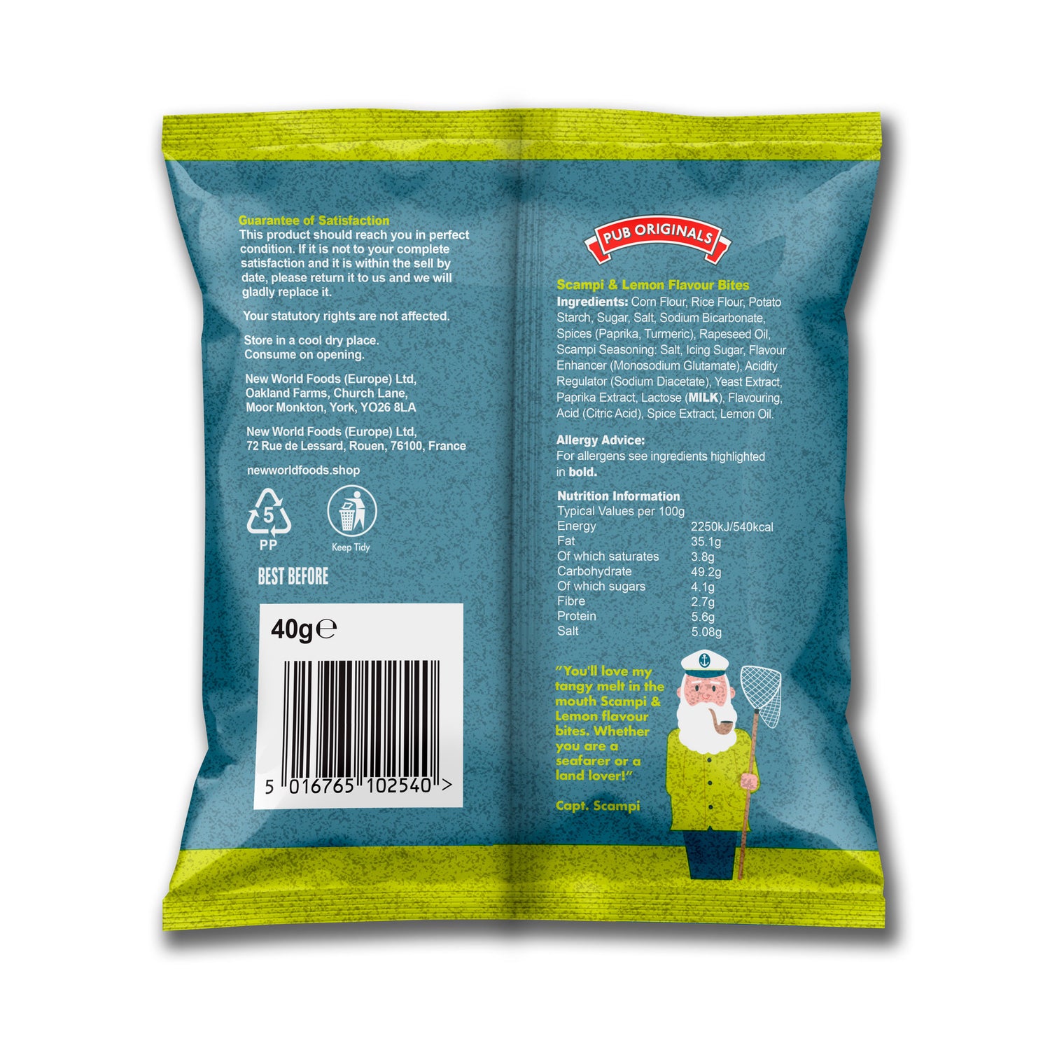 Back view of a Pub Originals Scampi & Lemon package with text and graphics.