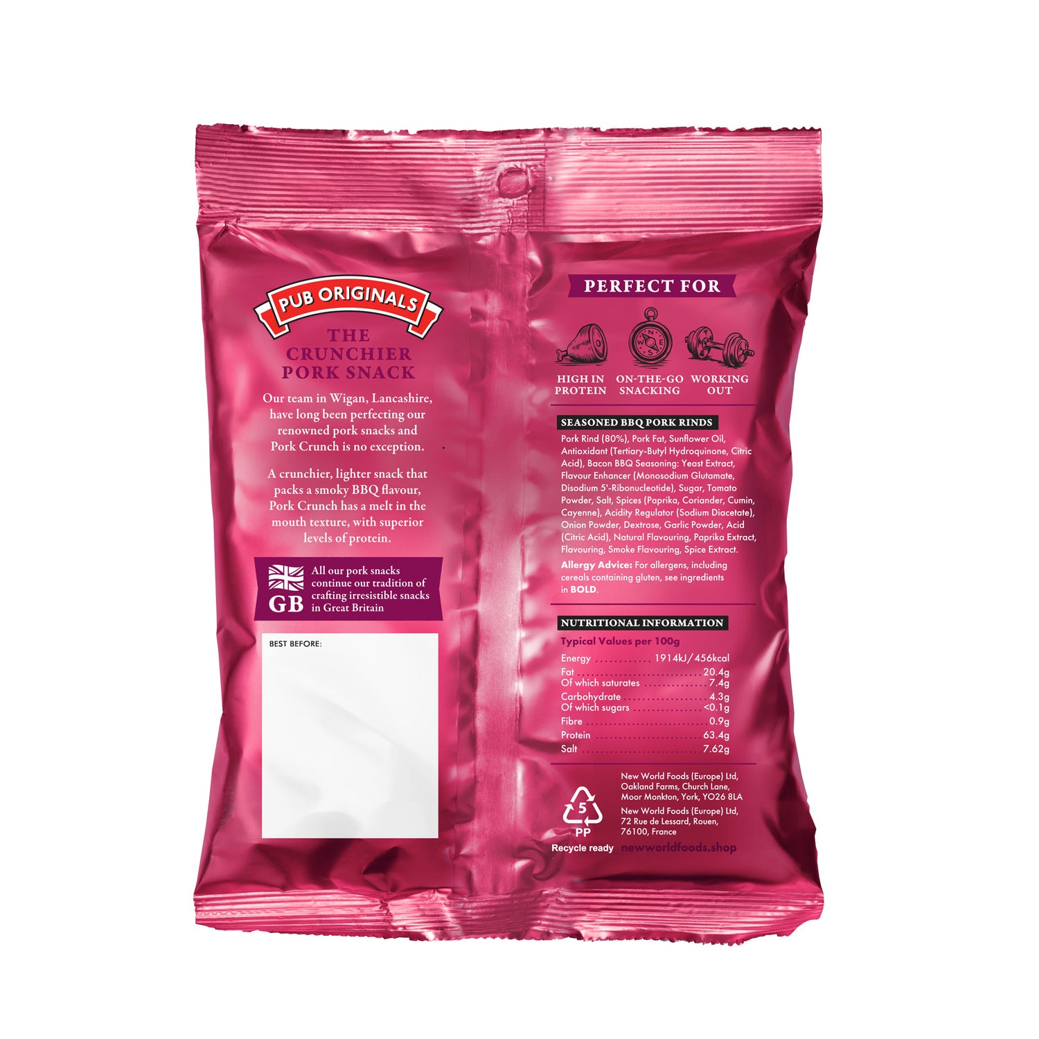 Pink packaging of Pub Originals pork snack with text and branding on a white background