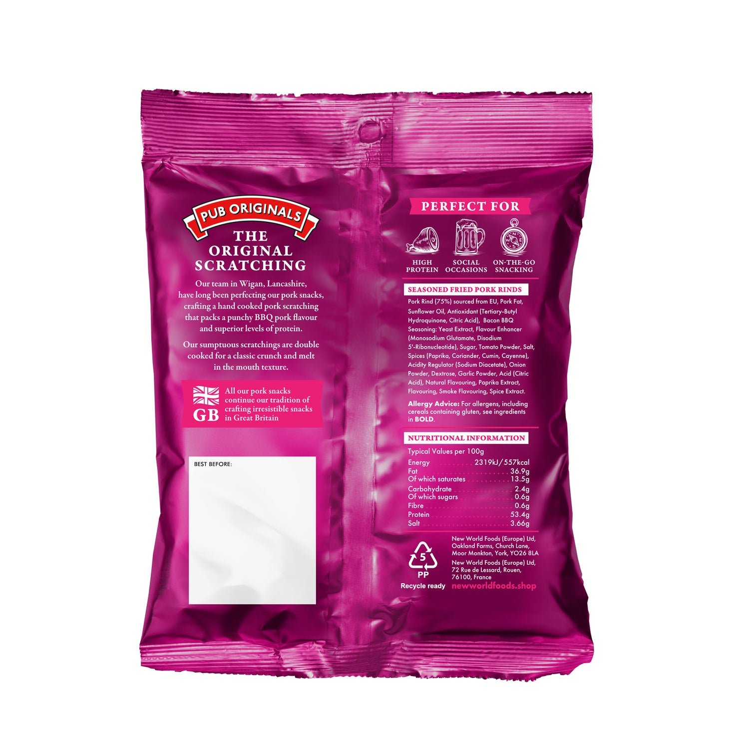 Pink packaging of 'Pub Originals' pork scratchings with text and branding on a white background