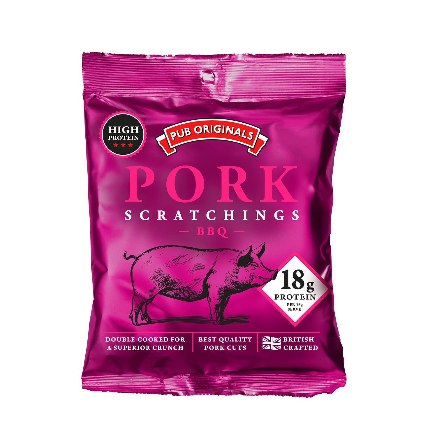 BBQ pork scratchings pink packet from Pub Originals
