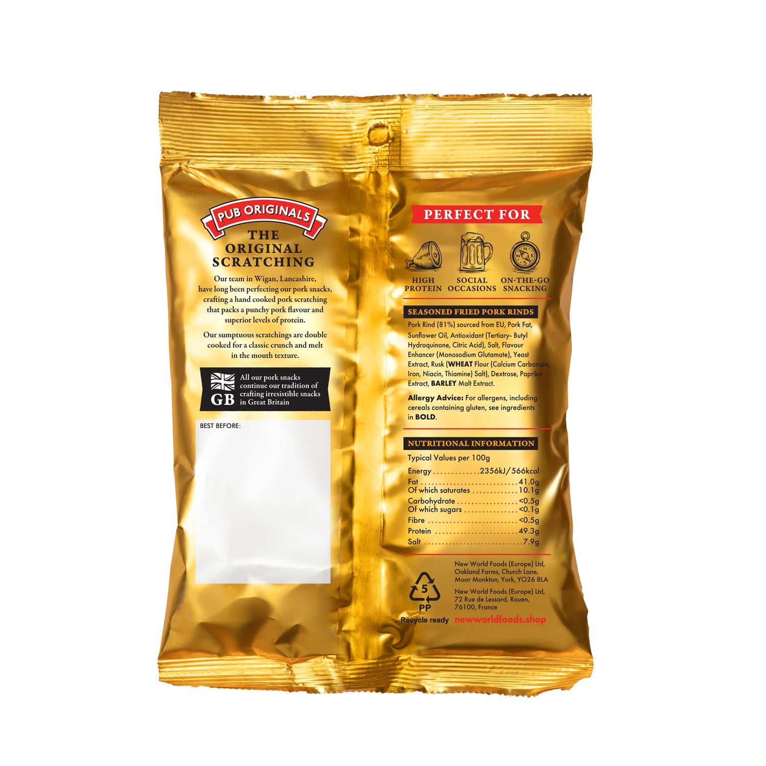 Gold packaging of Pub Originals Pork Scratchings with text and branding on a white background