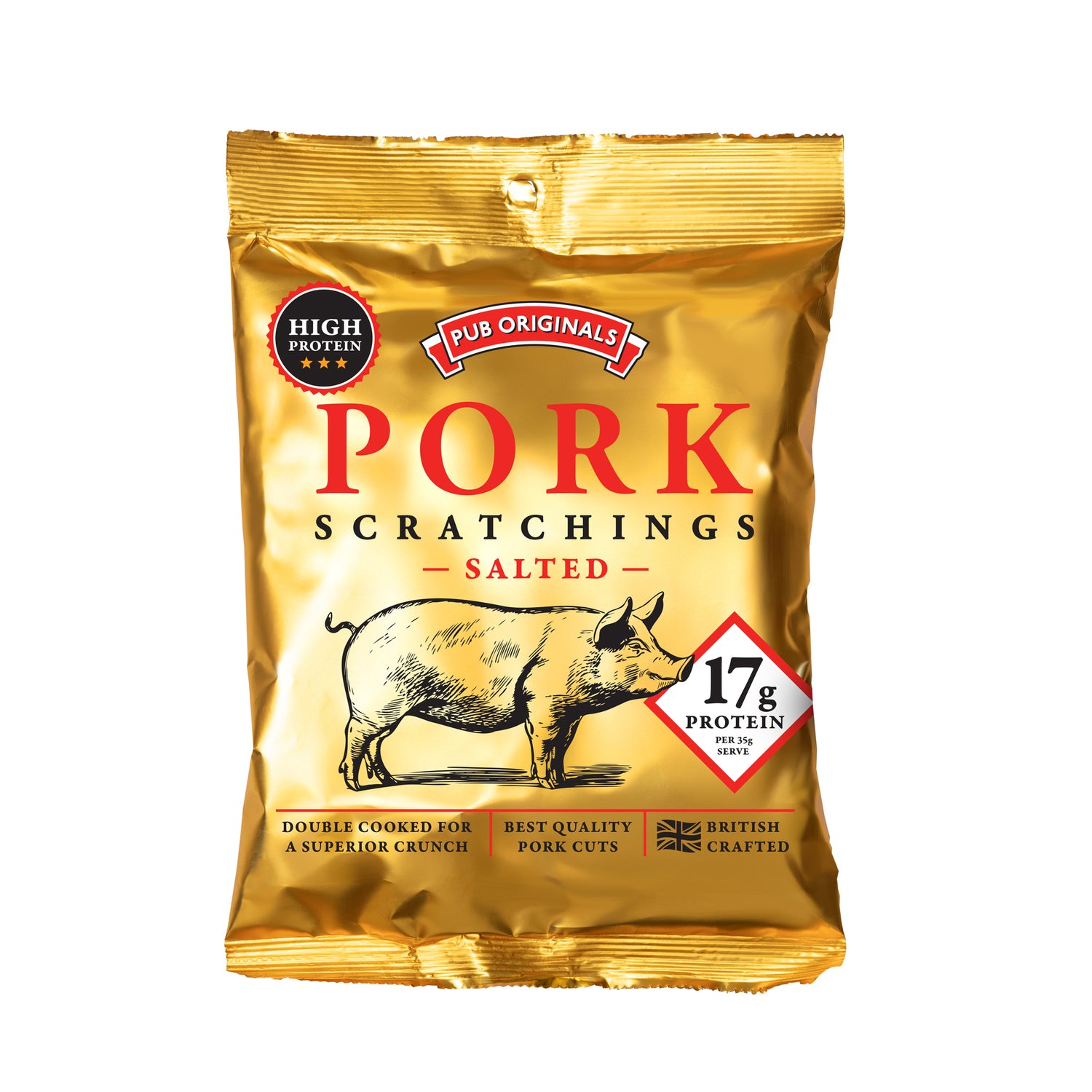 Salted pork scratchings packet in gold from Pub Originals