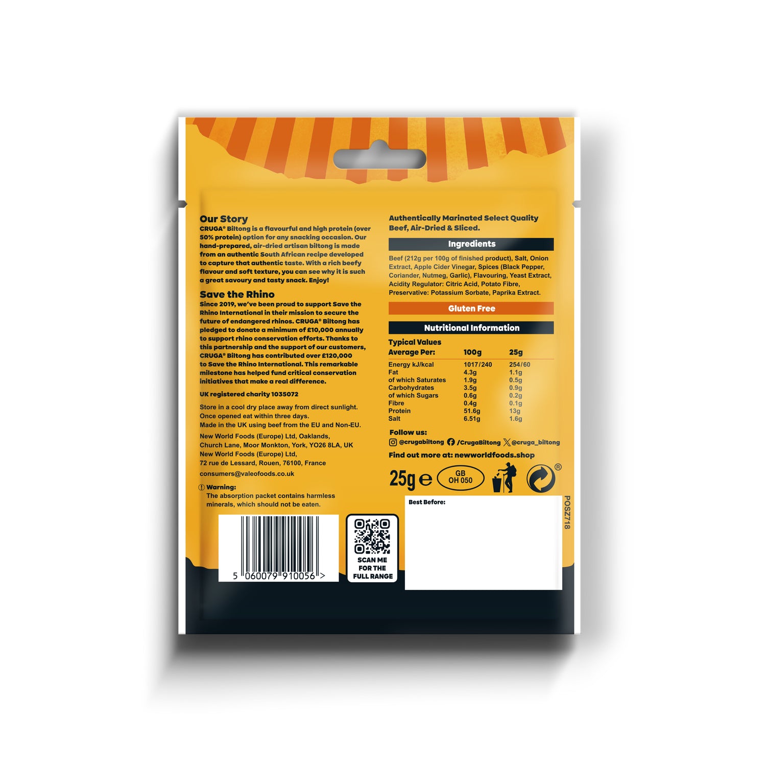 Back view of CRUGA Biltong packaging with text, barcode, and nutritional information on a white background