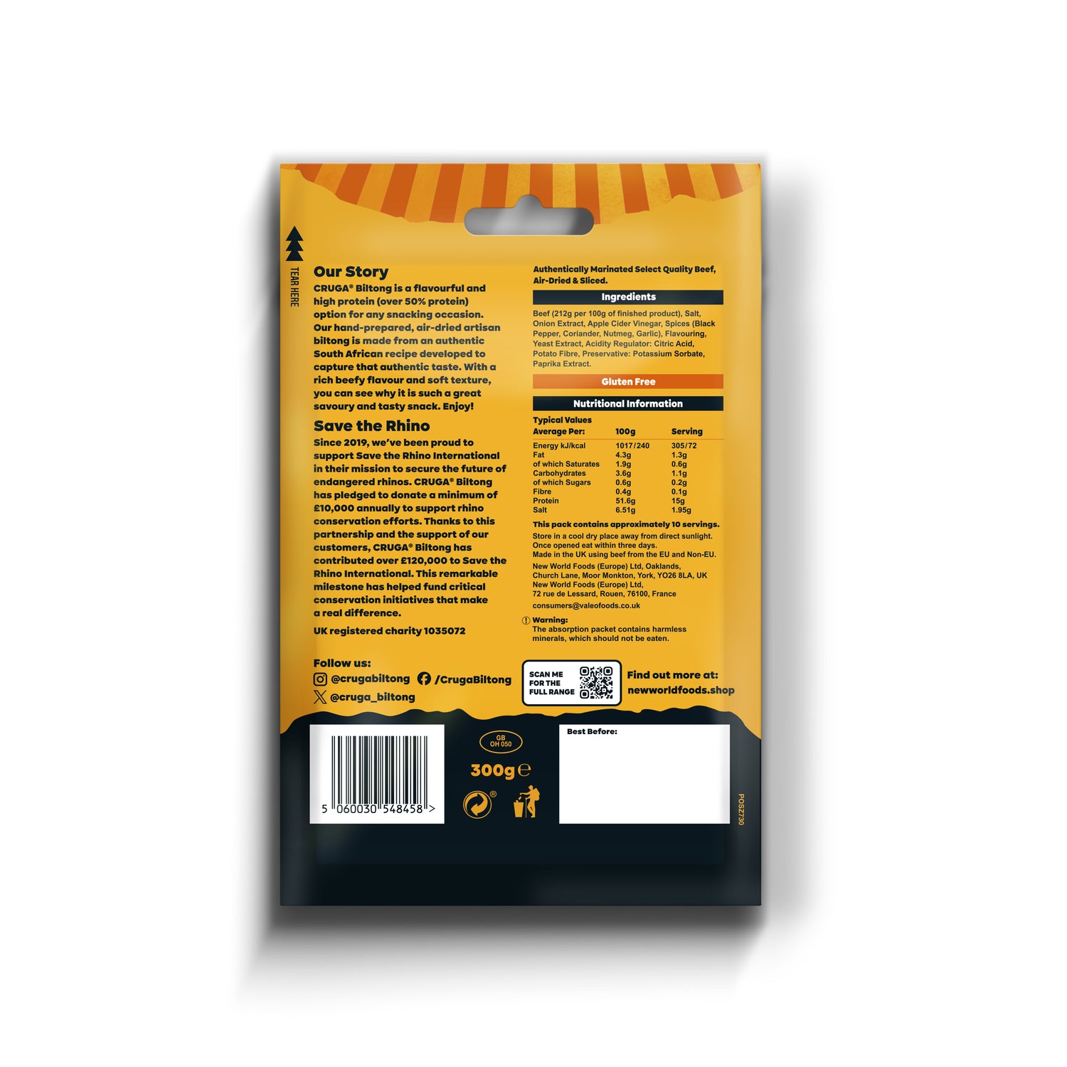 Back of Cruga Biltong product packaging with text and a barcode on a yellow and black background
