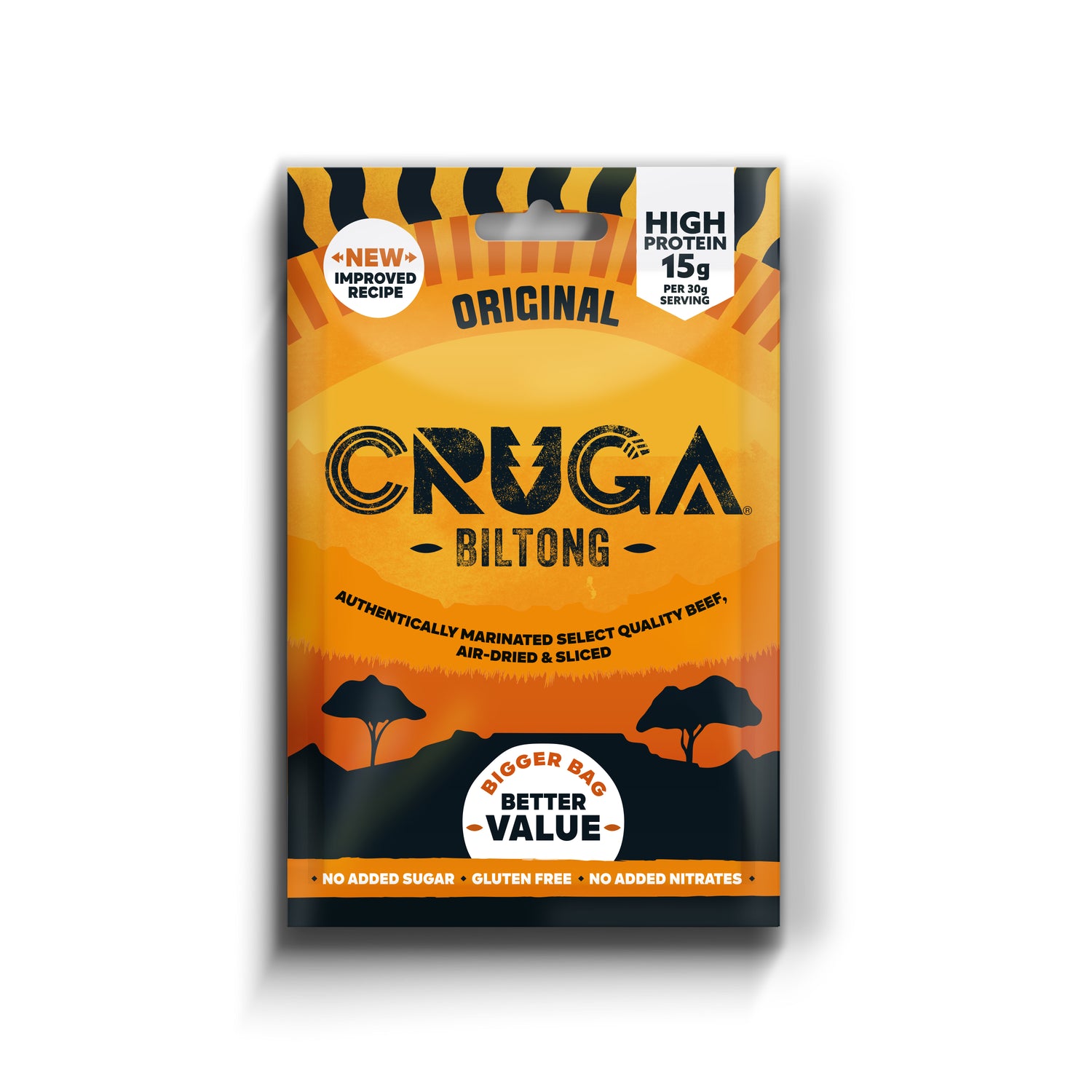CRUGA Biltong packaging on a white background