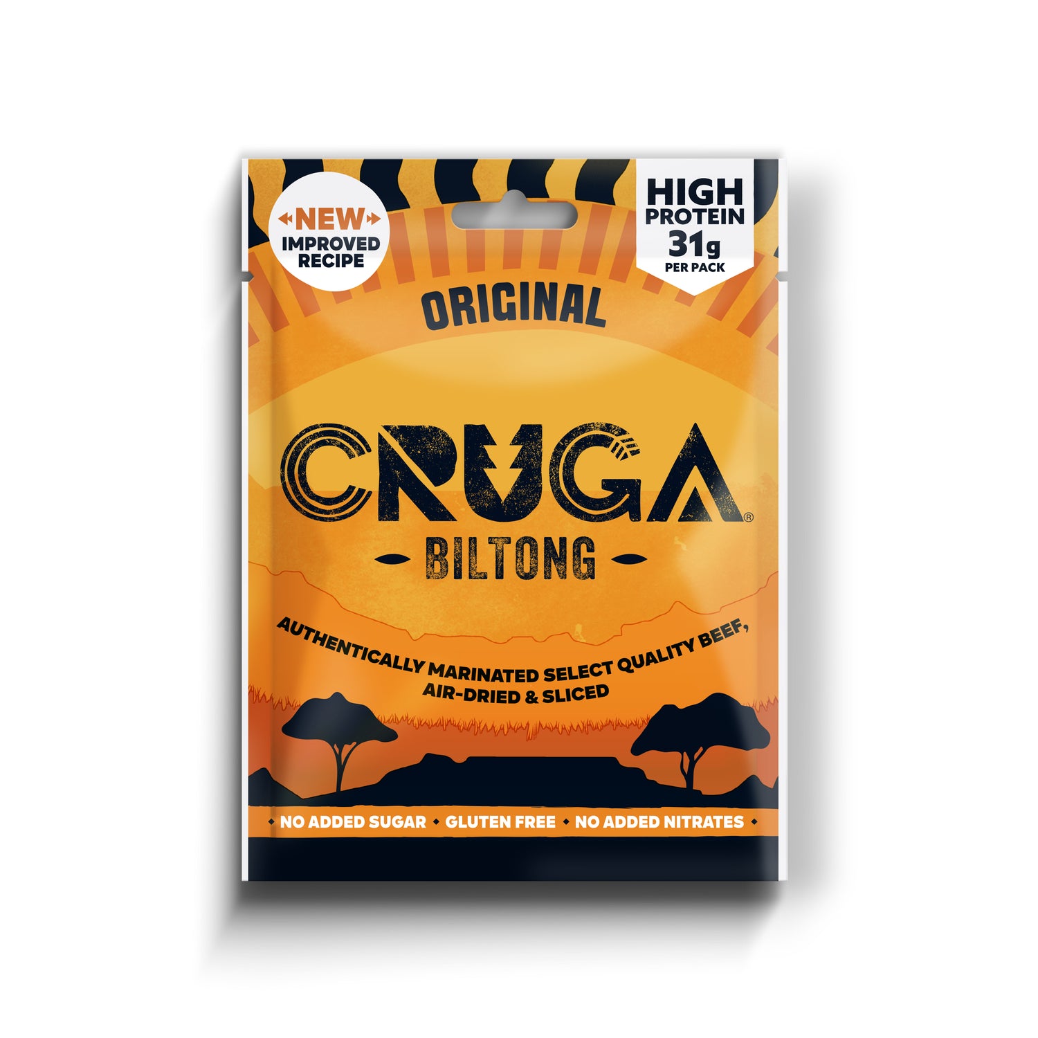 CRUGA Biltong packaging with orange and black design on a white background