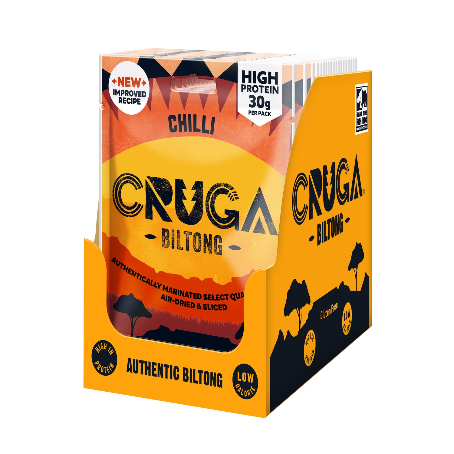 Box of Cruga Biltong Chilli flavor on a white background