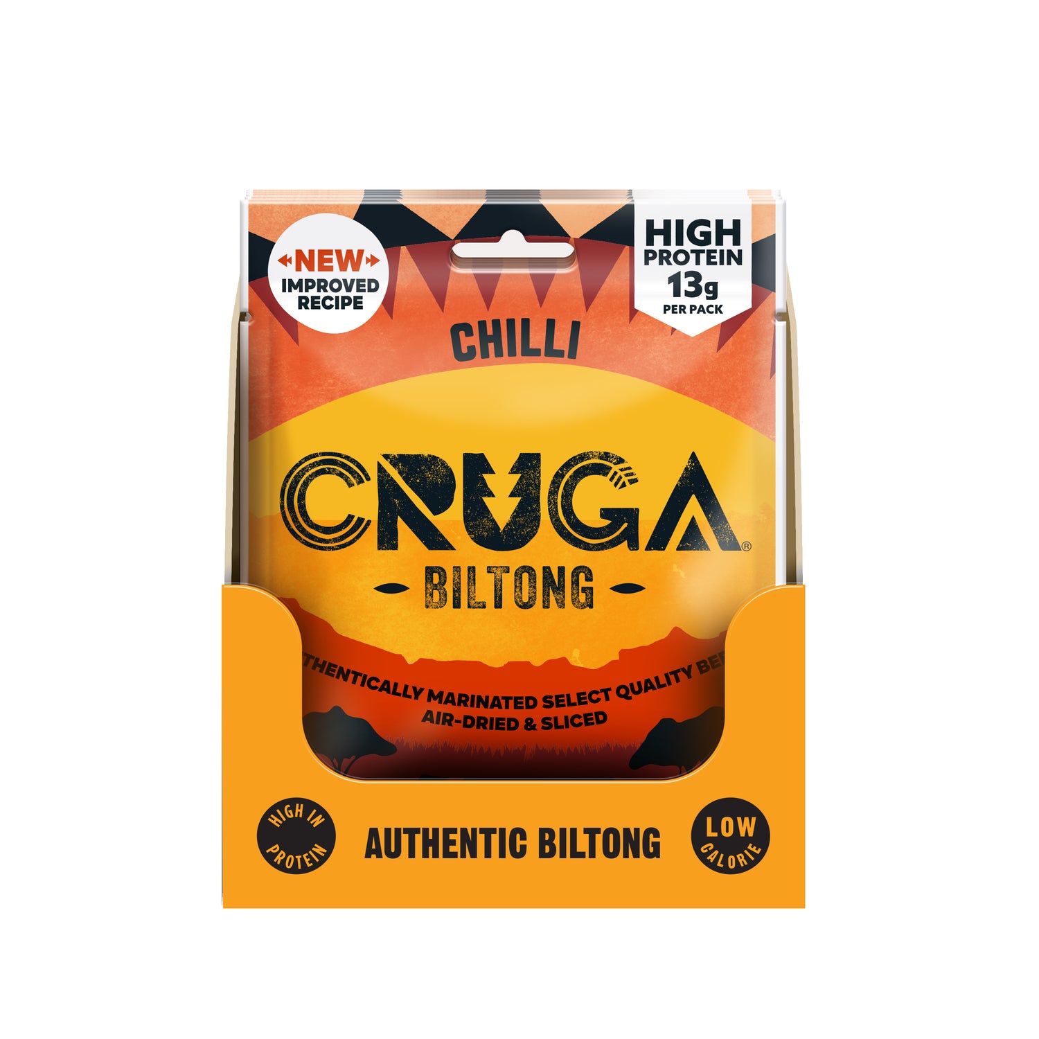 Packaged Cruga Chilli Biltong with orange and black design on a white background