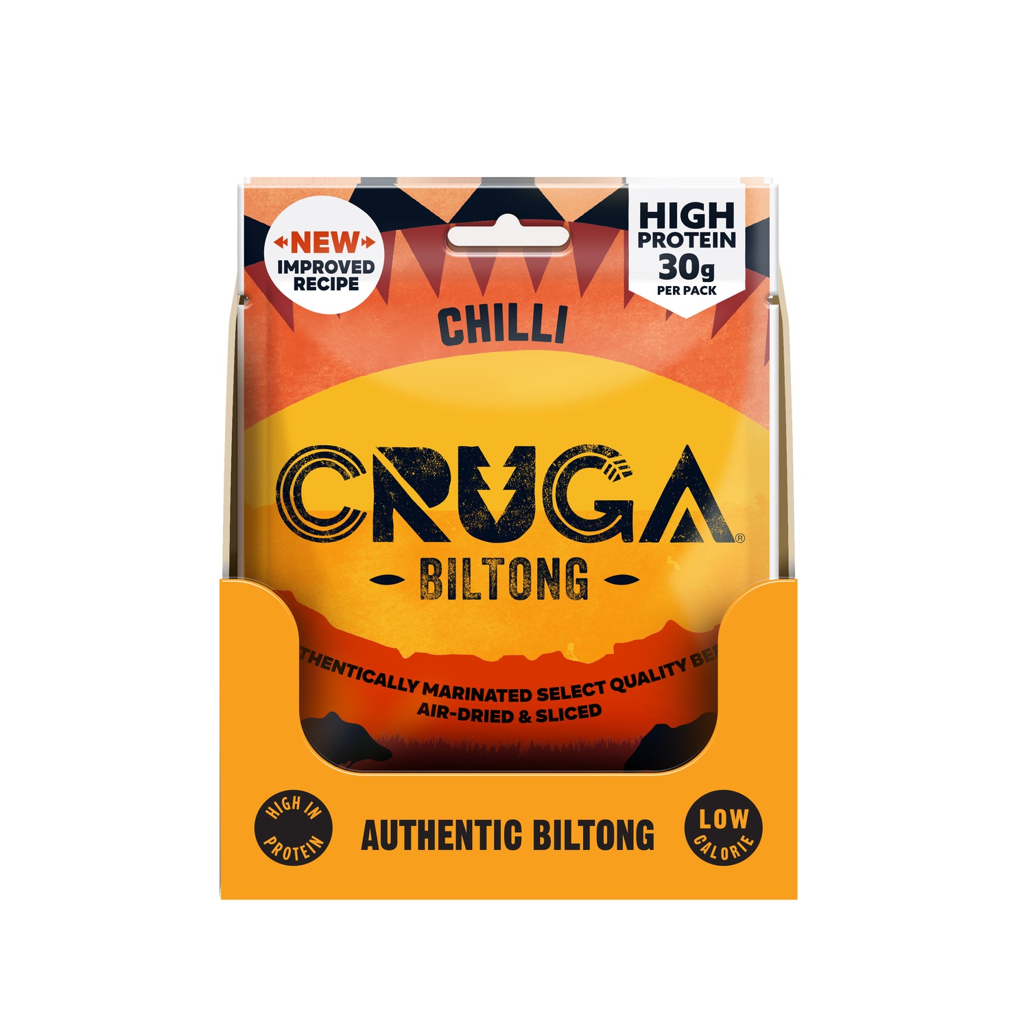 CRUGA Biltong packaging with orange and yellow design on a white background