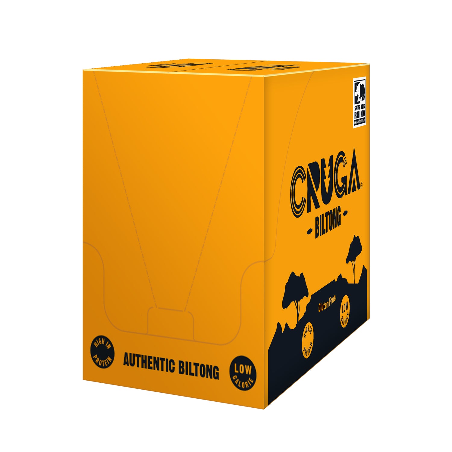 Orange and black box of Cruga Biltong on a white background