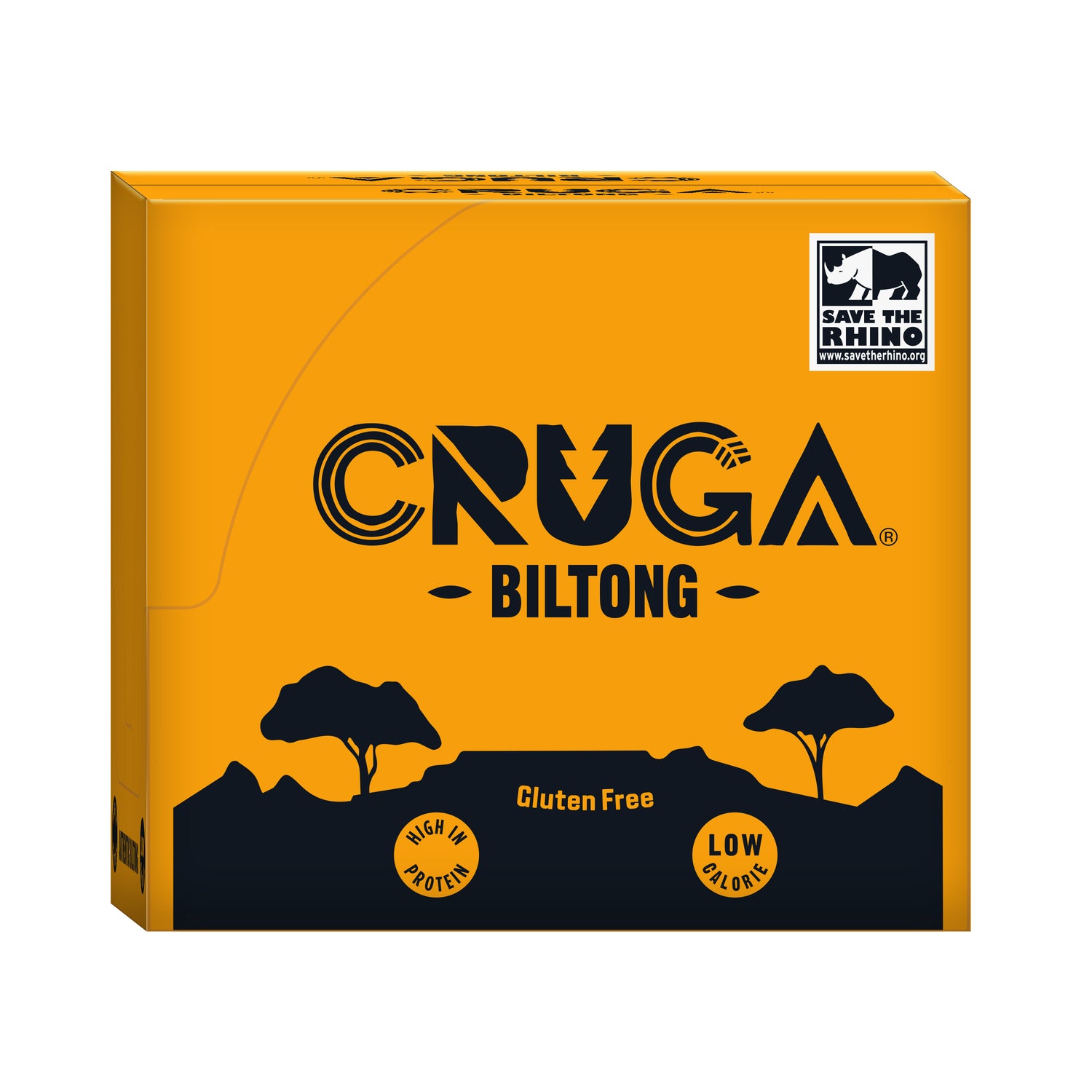 CRUGA Biltong packaging with orange background and black text