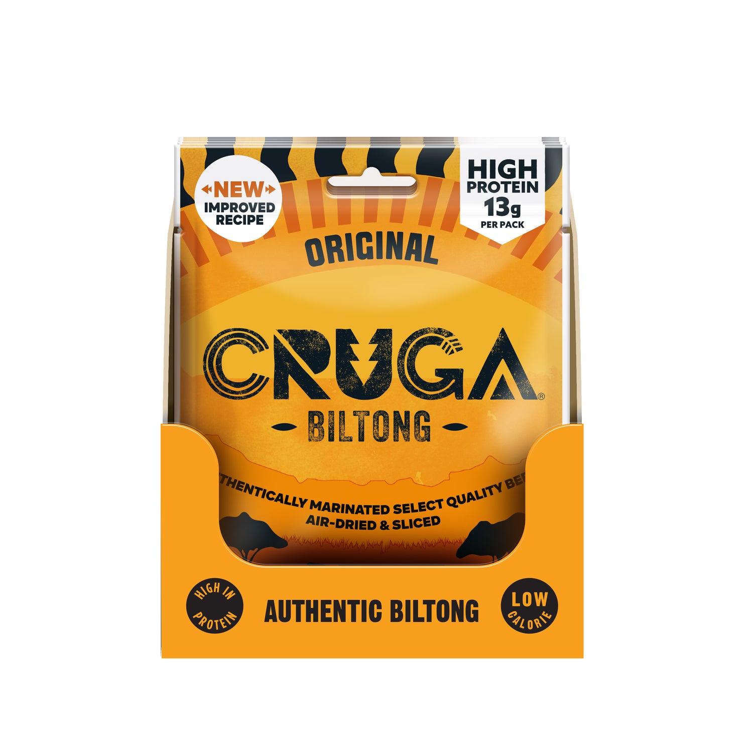 Packaged Cruga Biltong with orange and black design on a white background