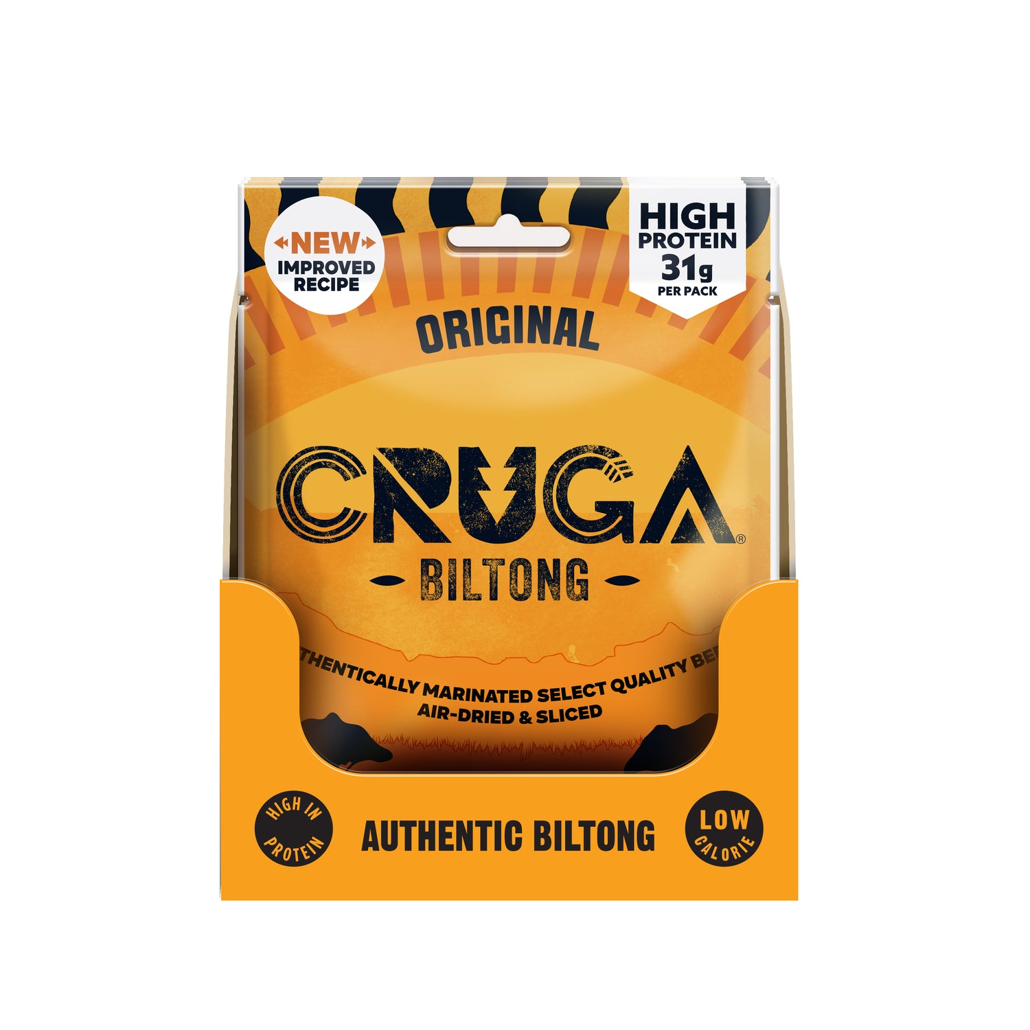 Packaged Cruga Biltong with orange and black design on a white background