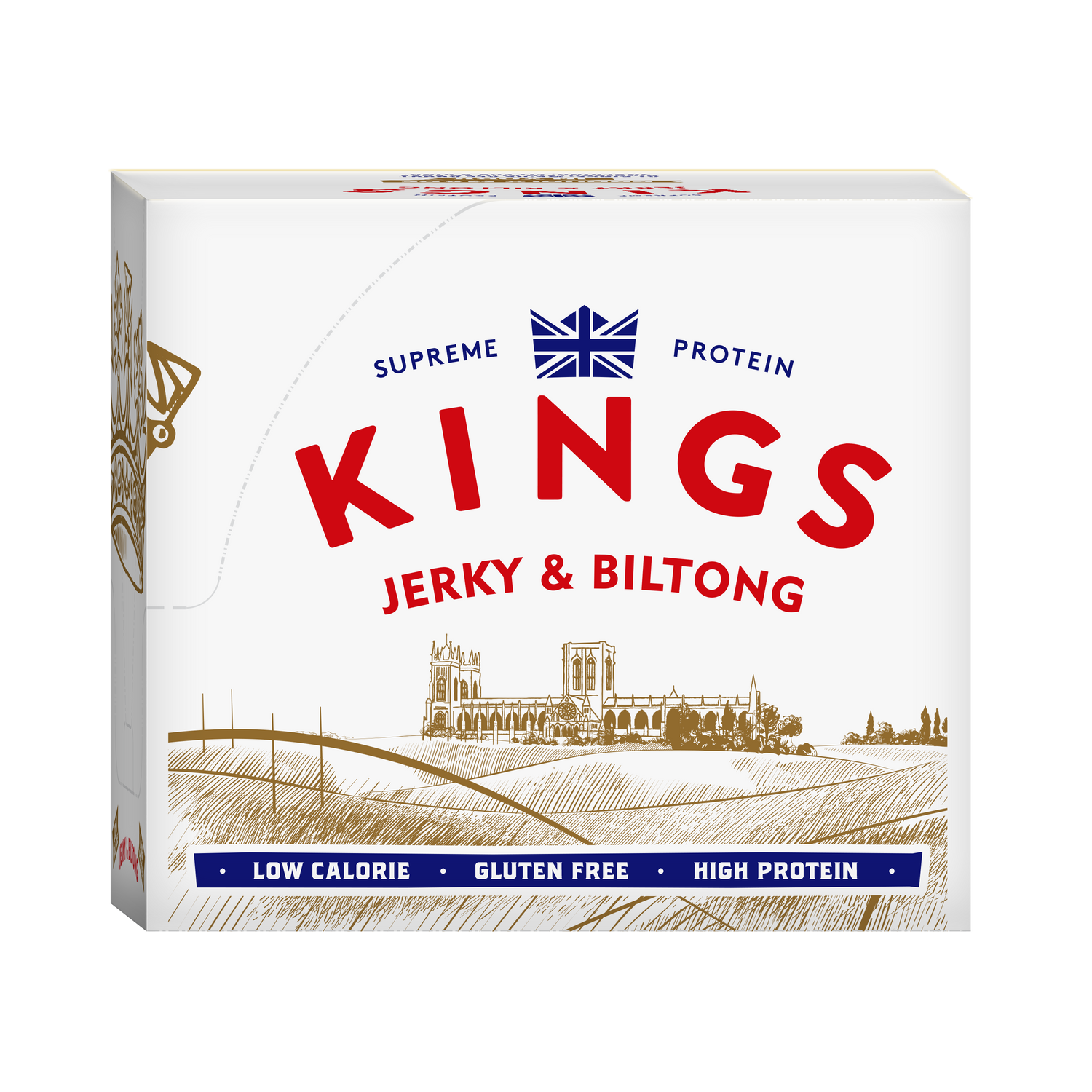 Side view of Kings Jerky & Biltong packaging with British flag