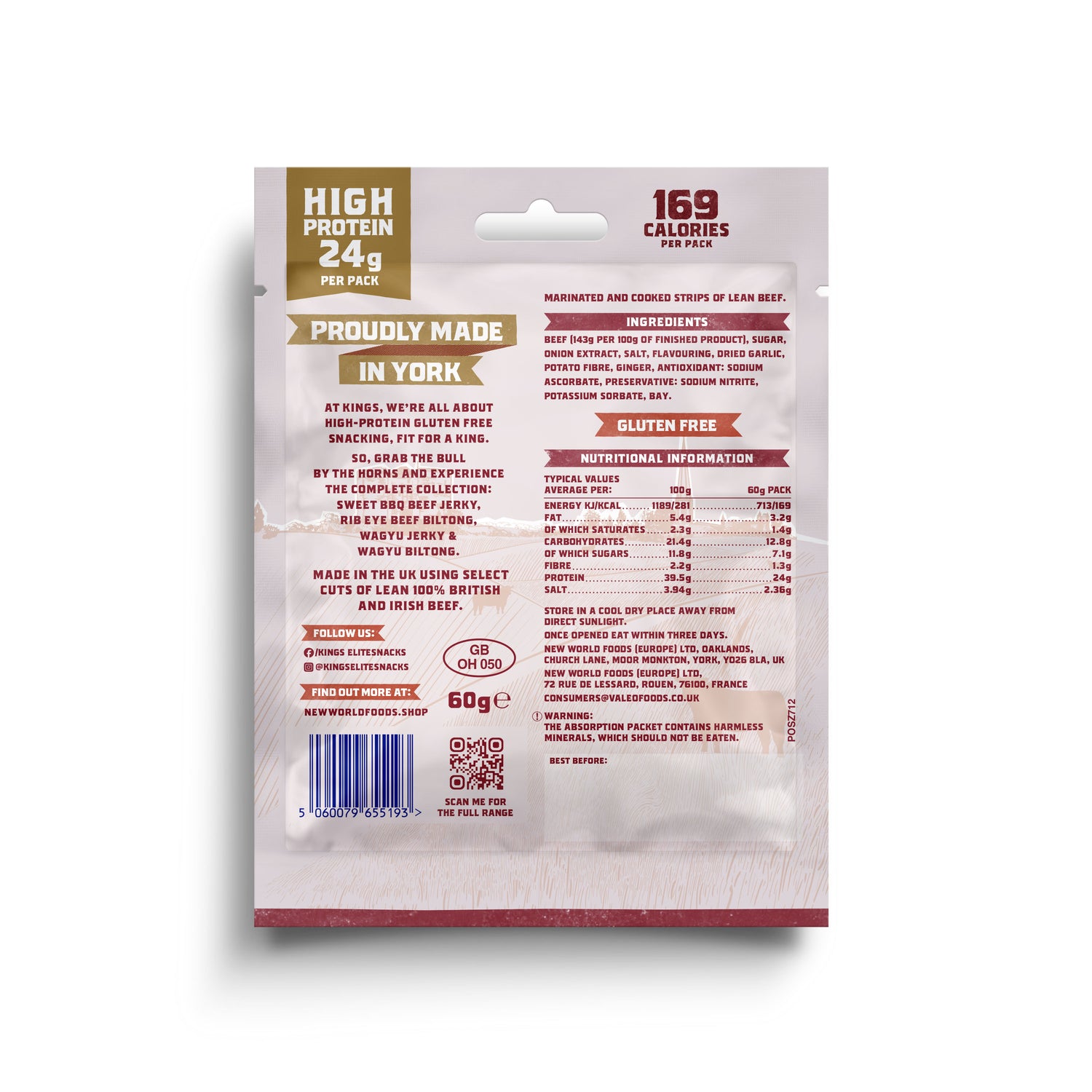 Back of a package of Kings Aberdeen Angus Steak Strips with nutritional information and branding details.
