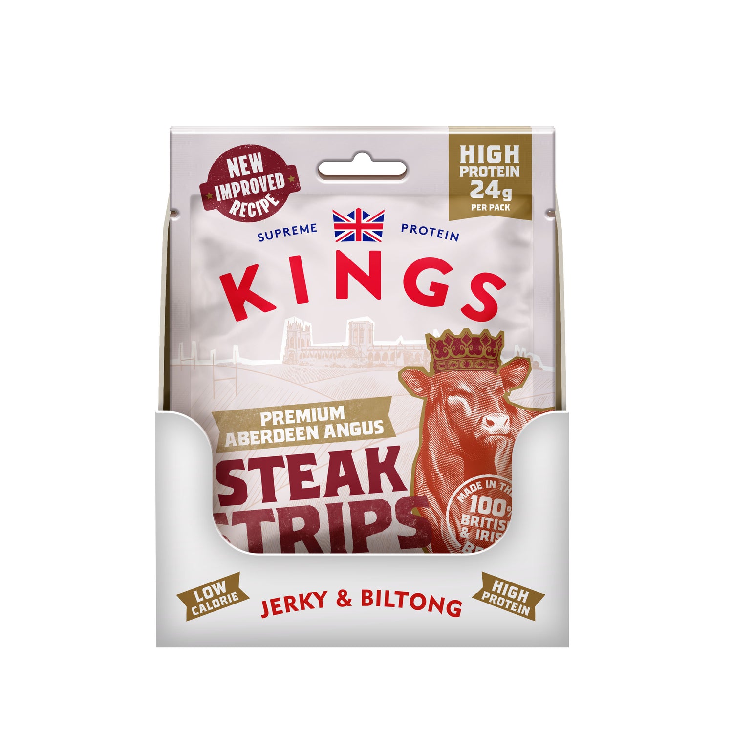 Packaging of Kings Premium Aberdeen Angus Steak Strips on a white background