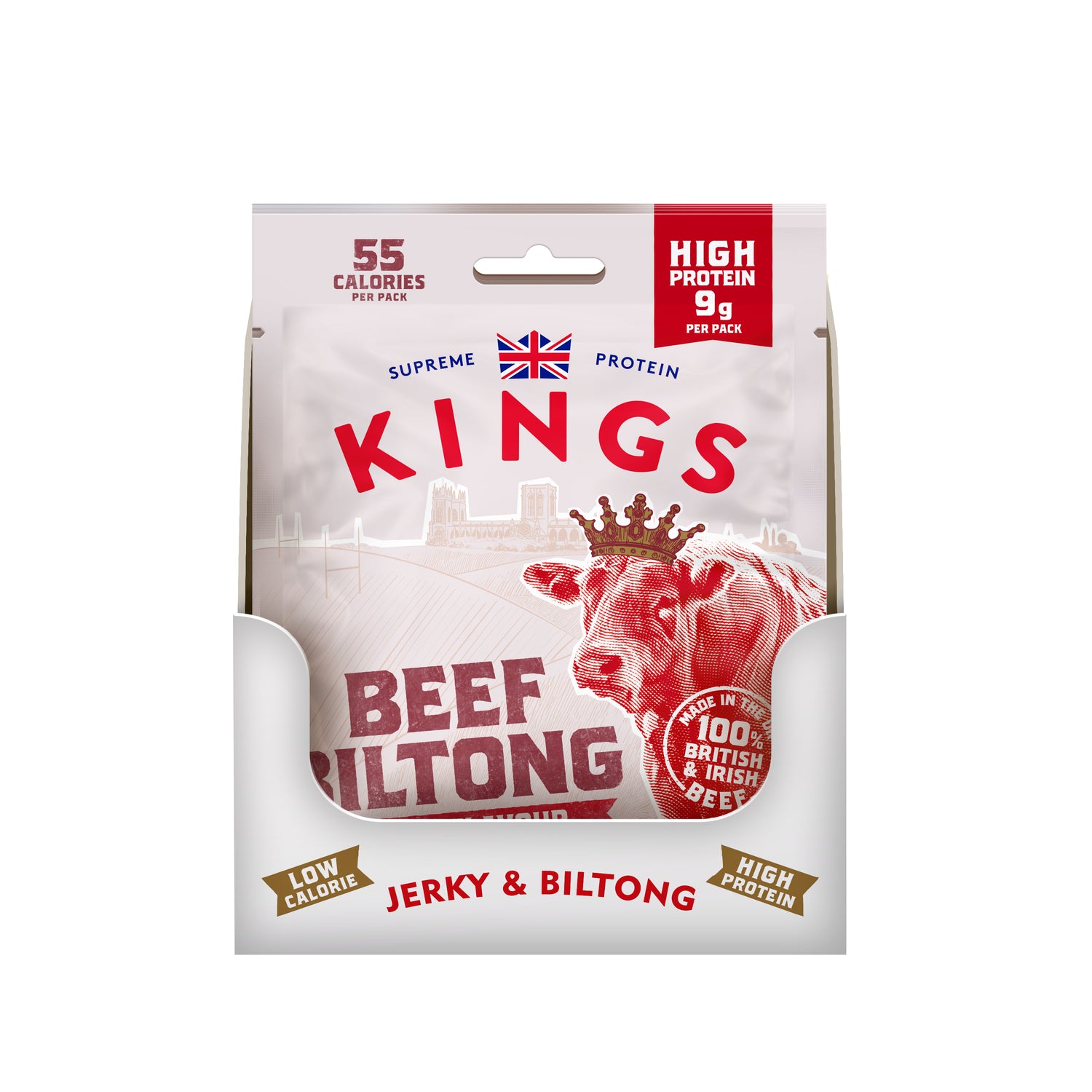 Kings Beef Biltong packaging inside a display box.