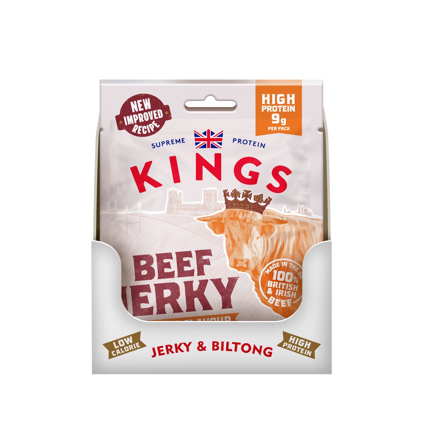 Packaging of Kings Sweet BBQ Beef Jerky with branding and product details on a white background