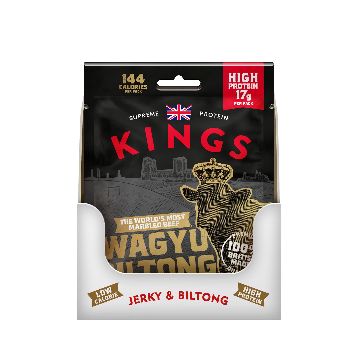 Packaging of Kings Wagyu Beef Biltong with text on a white background