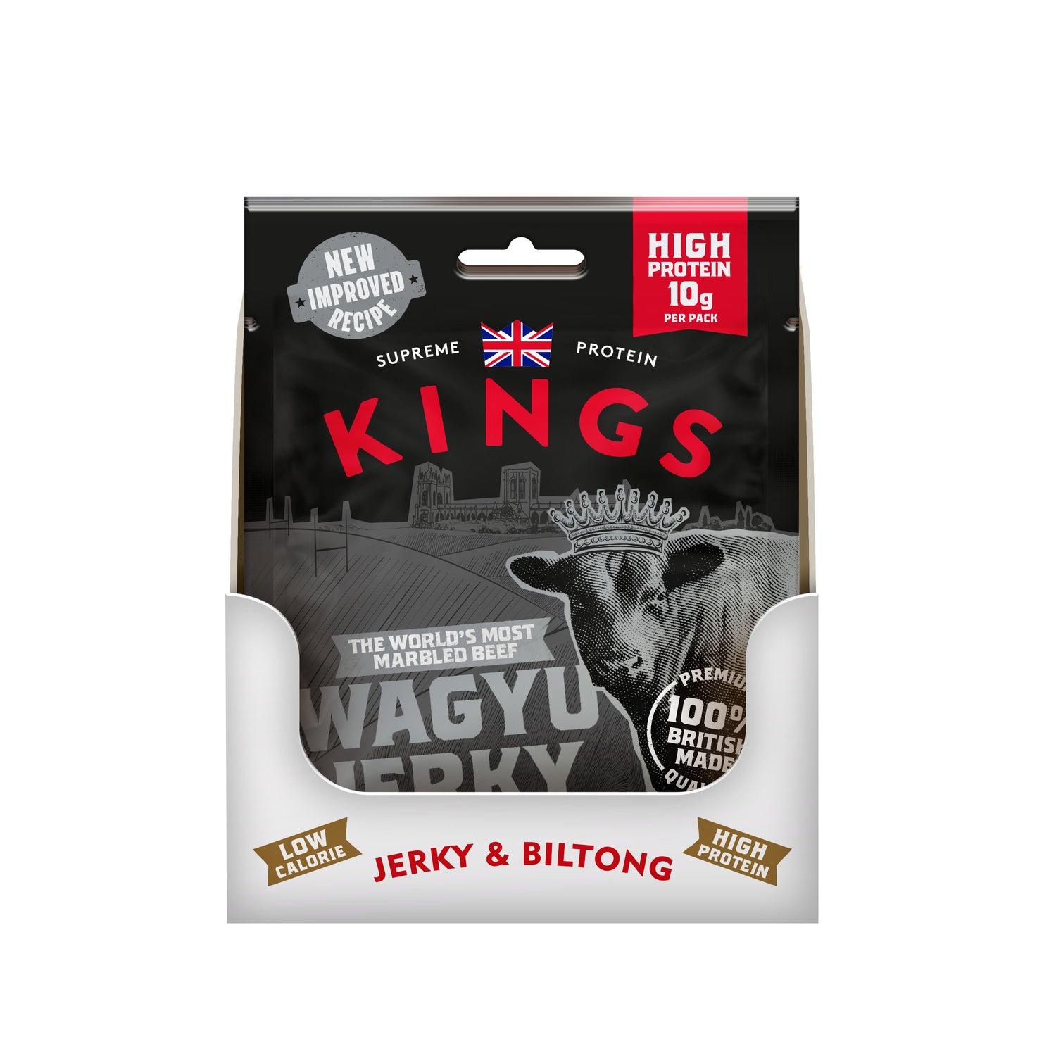 Packaged Kings Wagyu Beef Jerky with 'Kings' branding on a white background