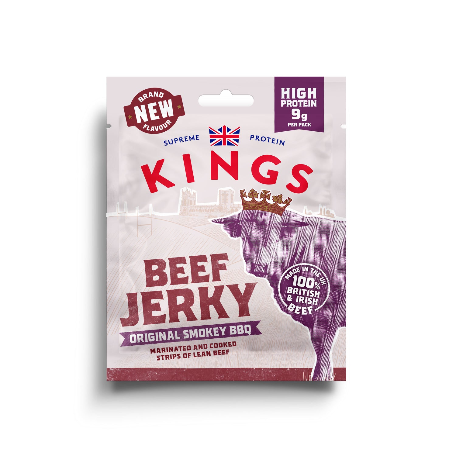 Packaging of a 25g Kings Original Smokey BBQ Beef Jerky with a cow illustration on a white background