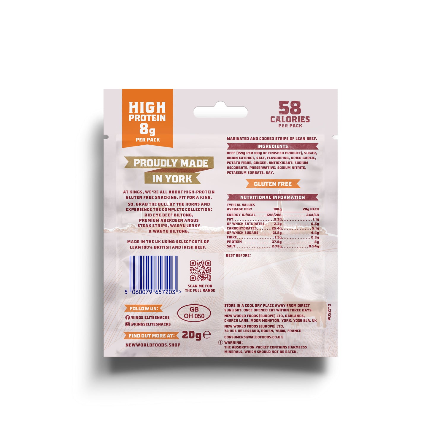 Back of a package of Kings Sweet BBQ Flavour Beef Jerky, with nutritional information and brand copy.