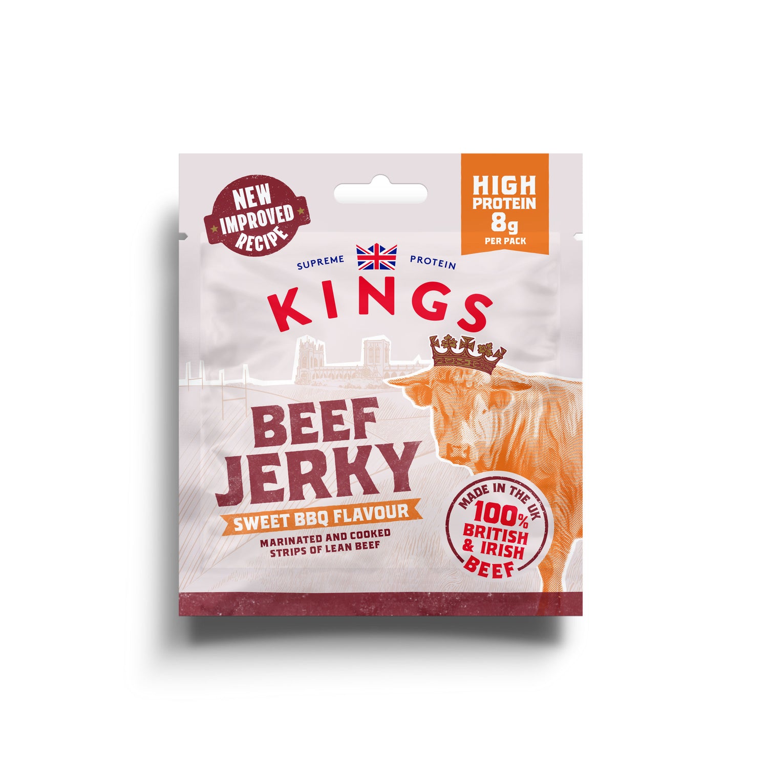Packaging of Kings Sweet BBQ Beef Jerky with branding and product details on a white background
