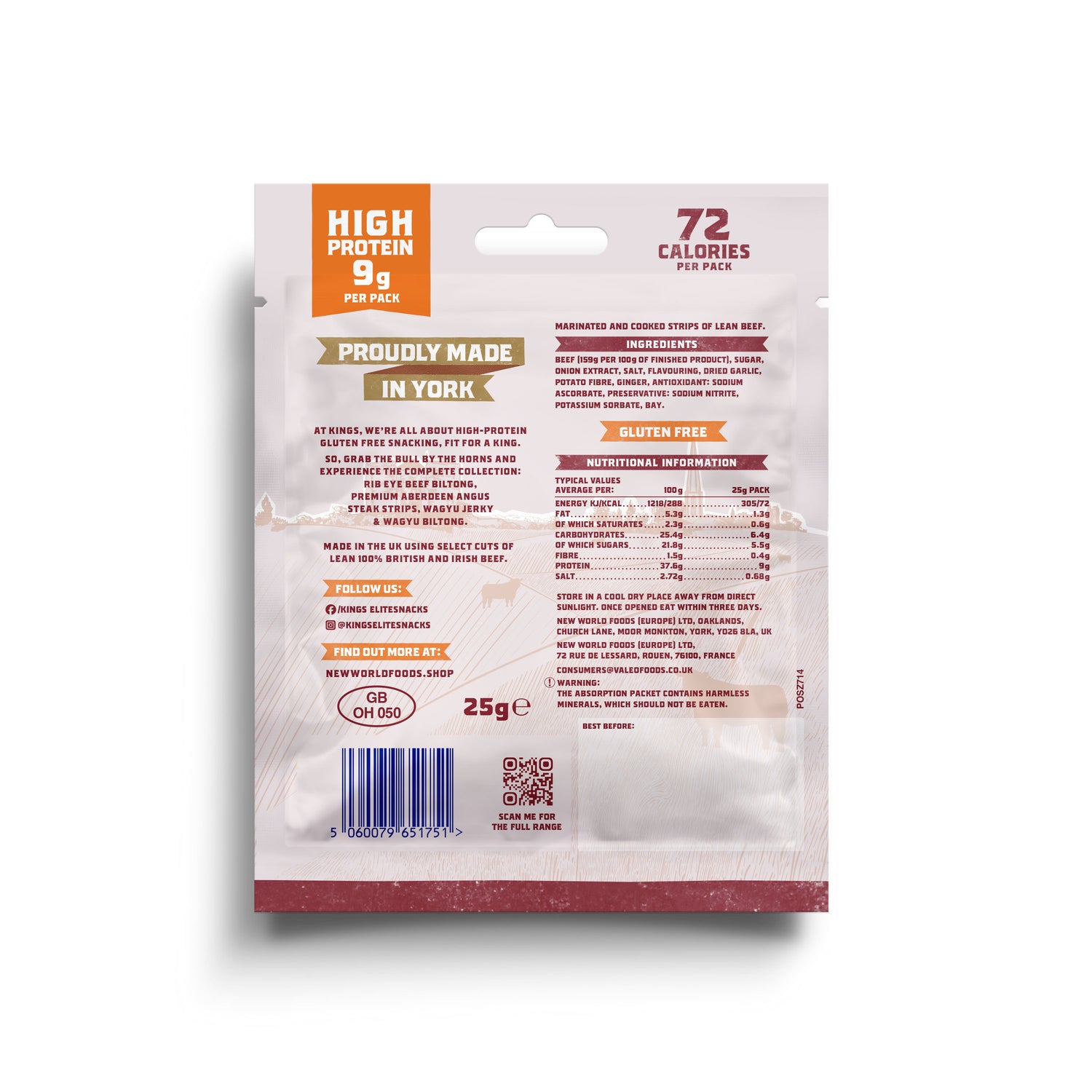 Back of a package of Kings Sweet BBQ Flavour Beef Jerky with nutritional information on a white background