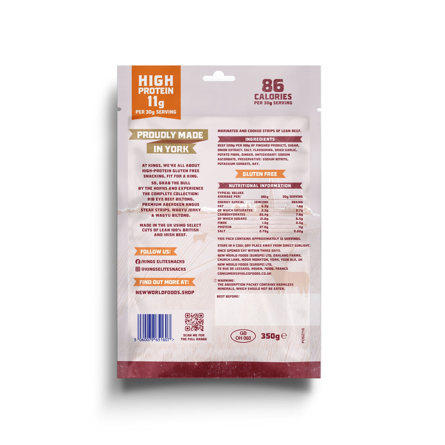 Back of Kings Sweet BBQ Flavour Beef Jerky packaging with nutritional information on a white background