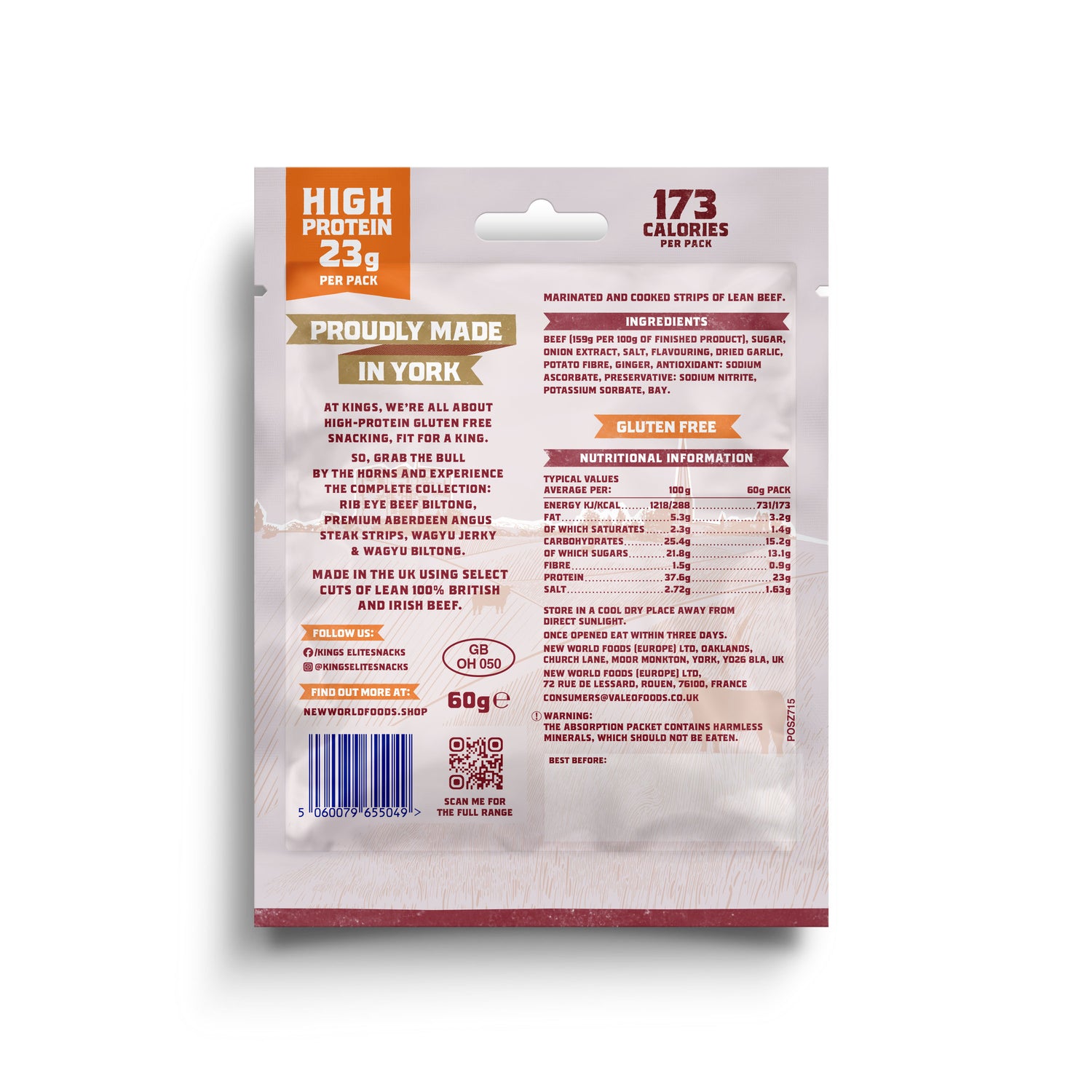 Back of Kings Sweet BBQ Flavour Beef Jerky package with nutritional information and branding details on a white background