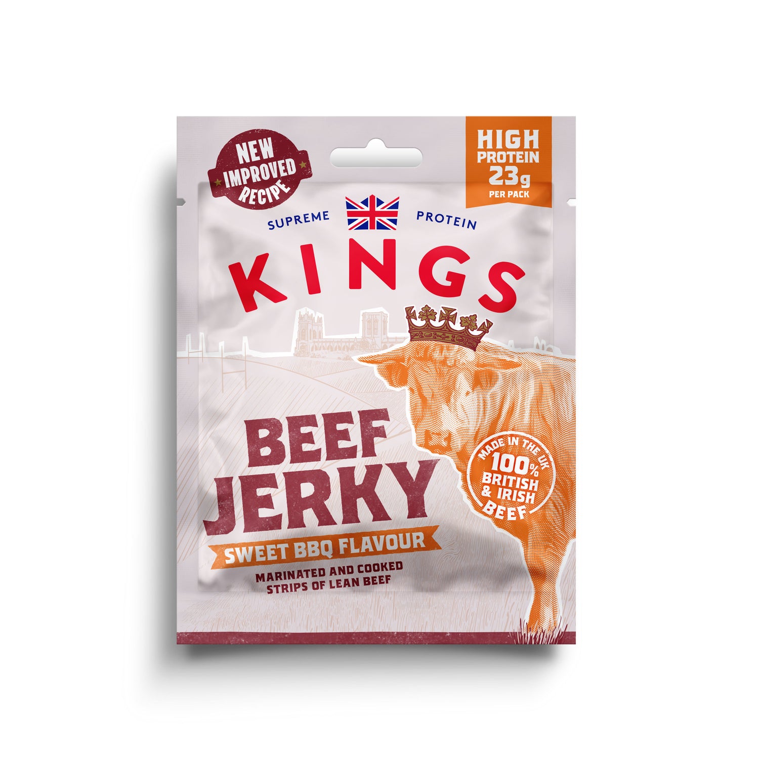 Packaging of Kings Beef Jerky Sweet BBQ Flavour on a white background