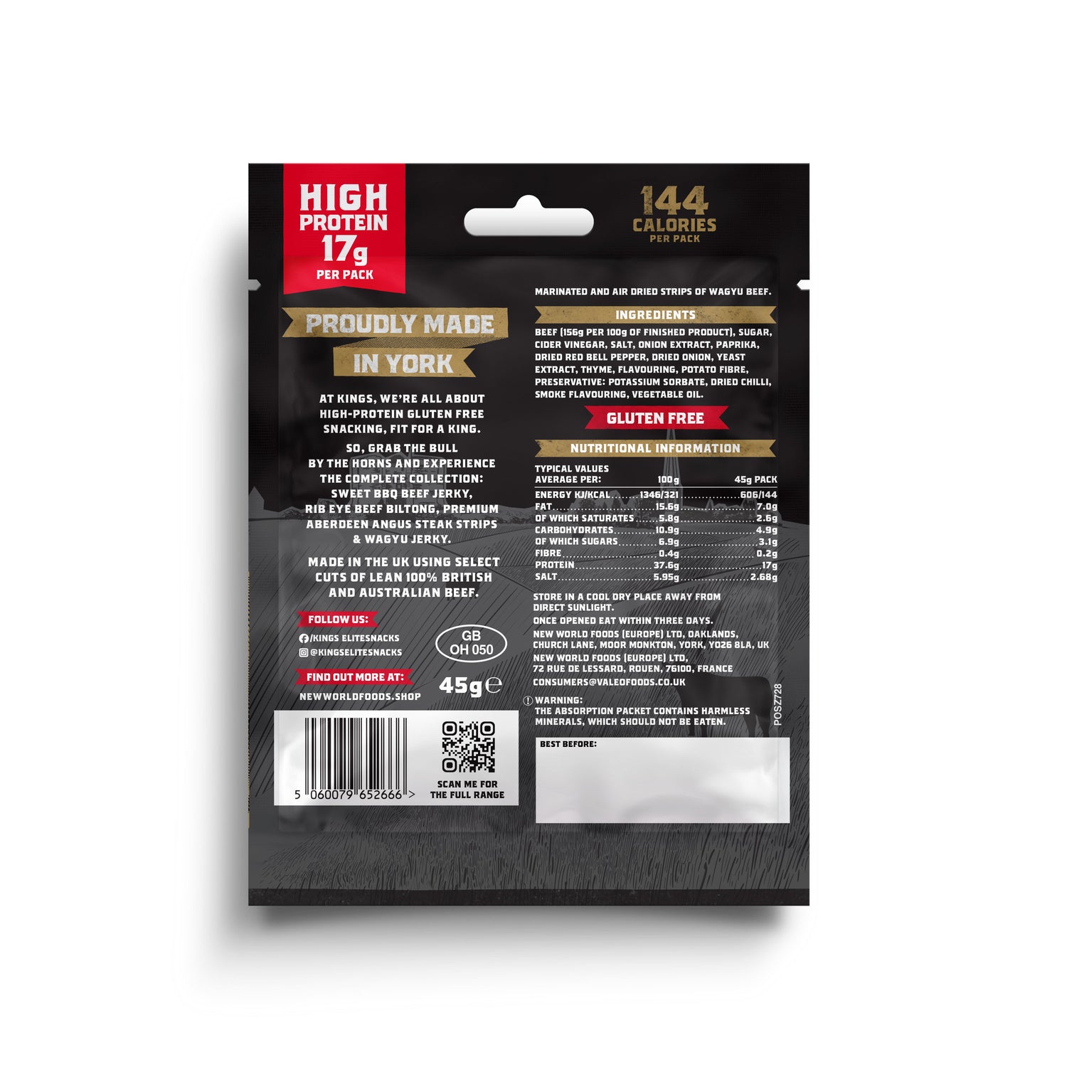 Back of packaging of Kings Wagyu Beef Biltong with text and nutritional information on a white background