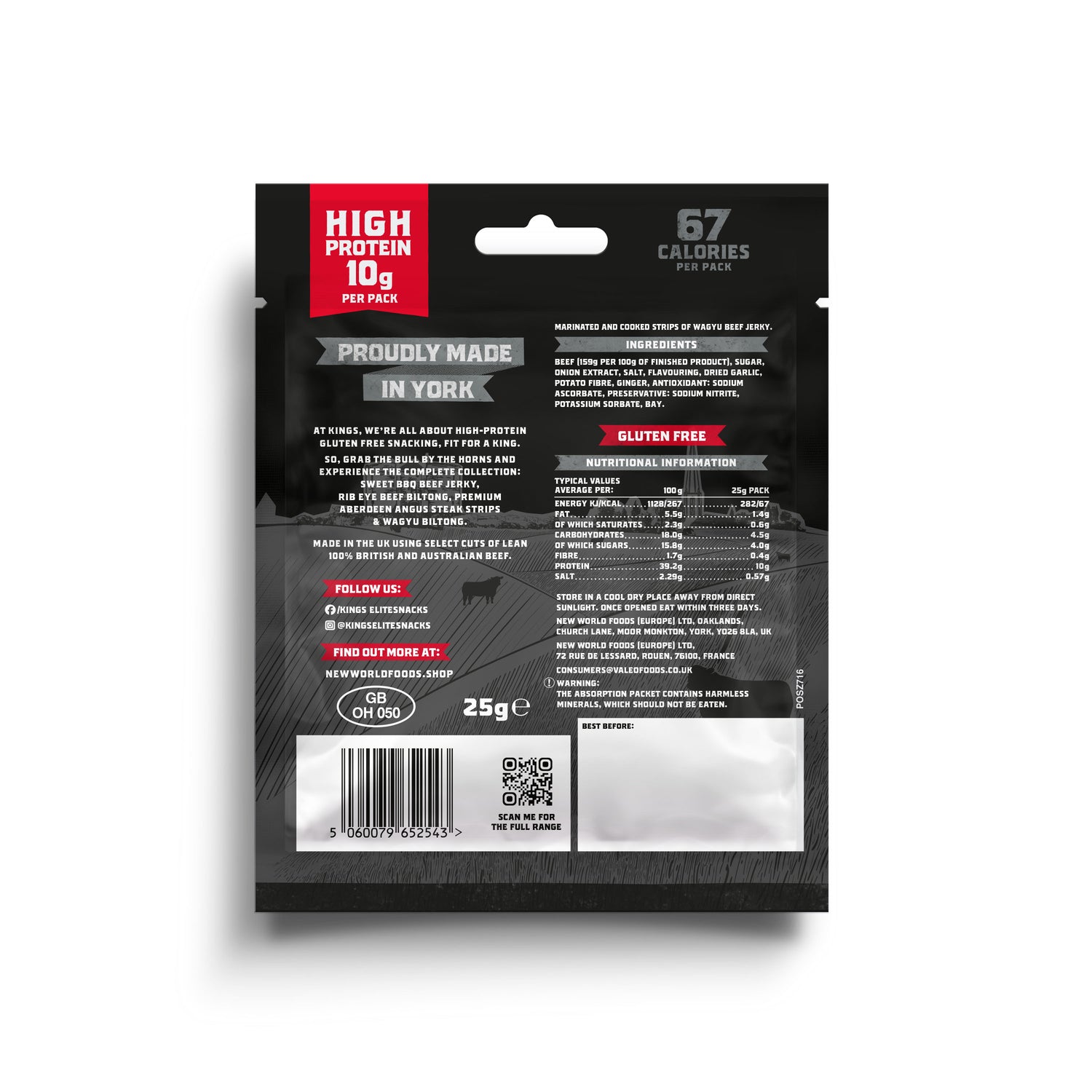 Back of product packaging for Kings Wagyu Beef Jerky with branding and nutritional information on a white background