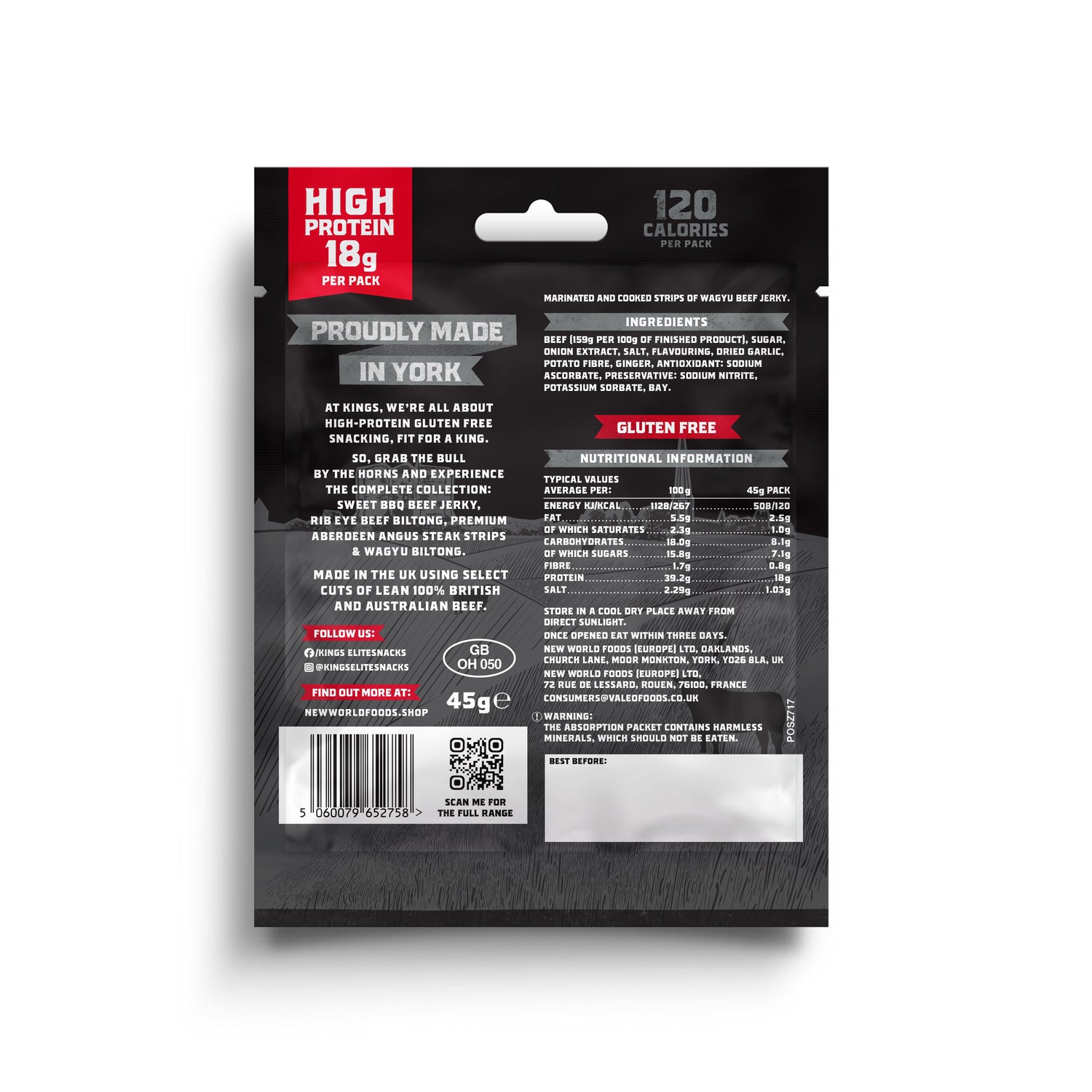 Back of a package of Kings Wagyu Beef Jerky with red and white text on a white background