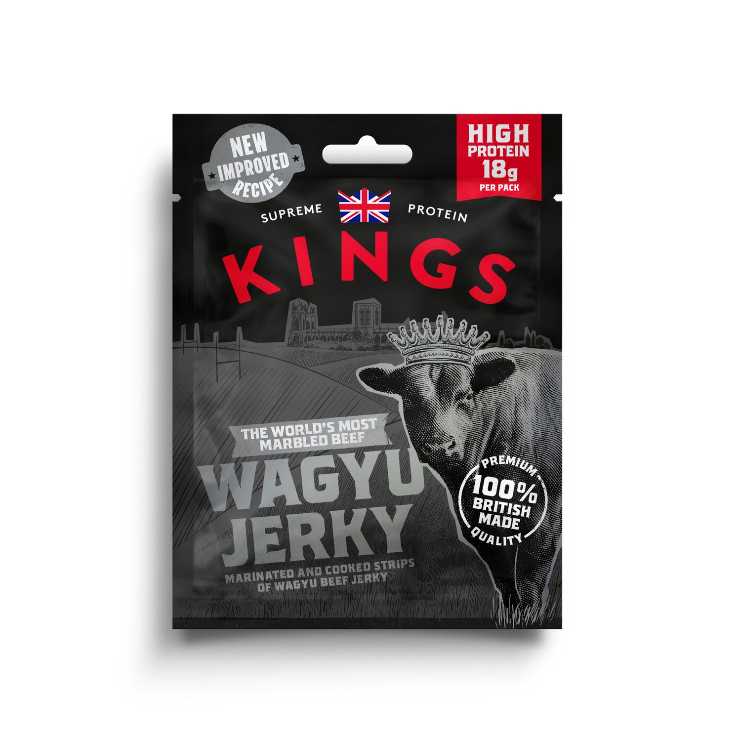 Packaging of Kings High Protein Wagyu Beef Jerky on a white background
