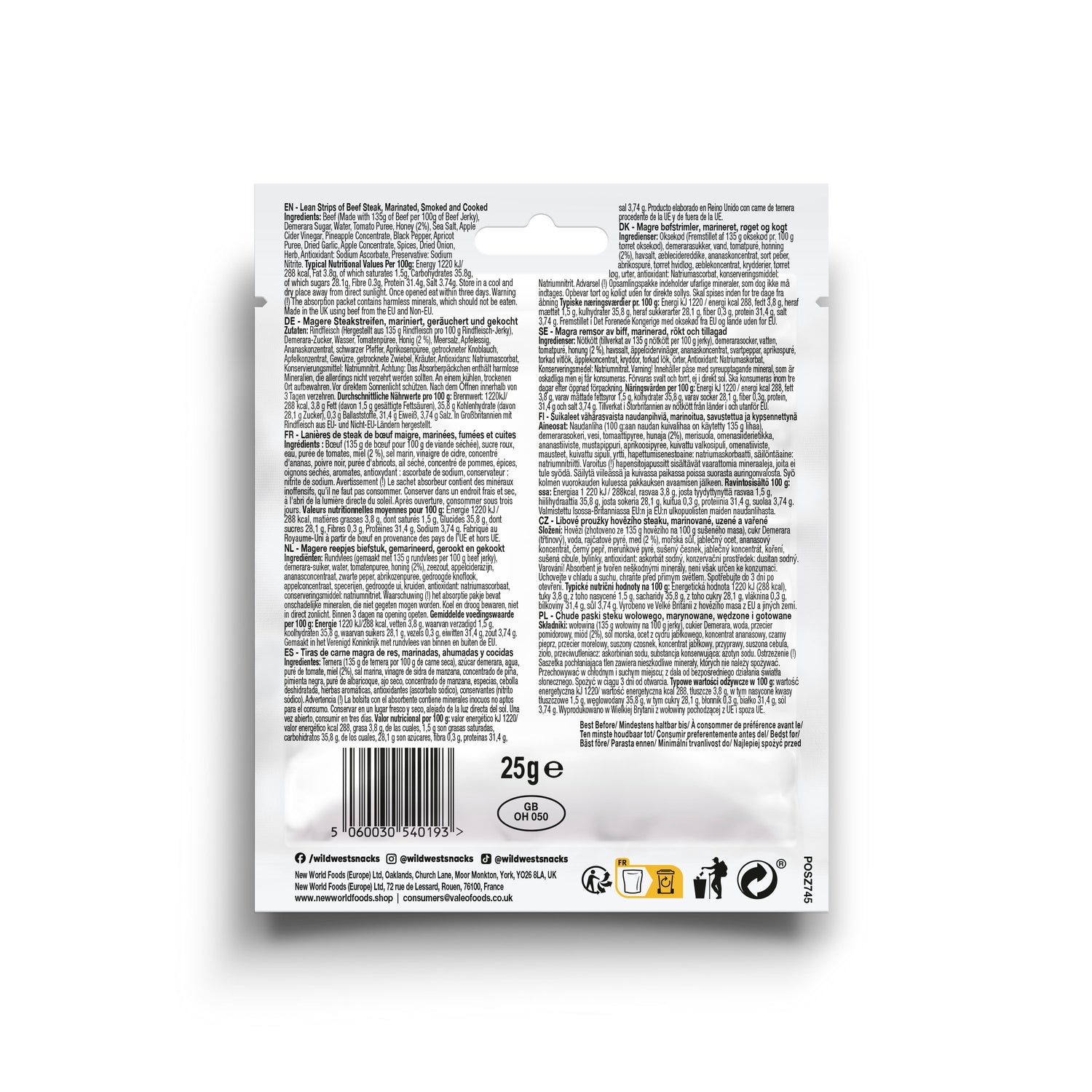 Back of Wild West BBQ Honey product packaging with text and a barcode on a white background