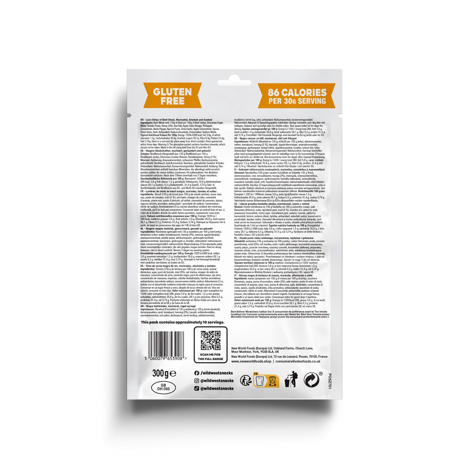 Back of a package of Wild West Honey BBQ Beef Jerky with nutritional information and QR code on a white background