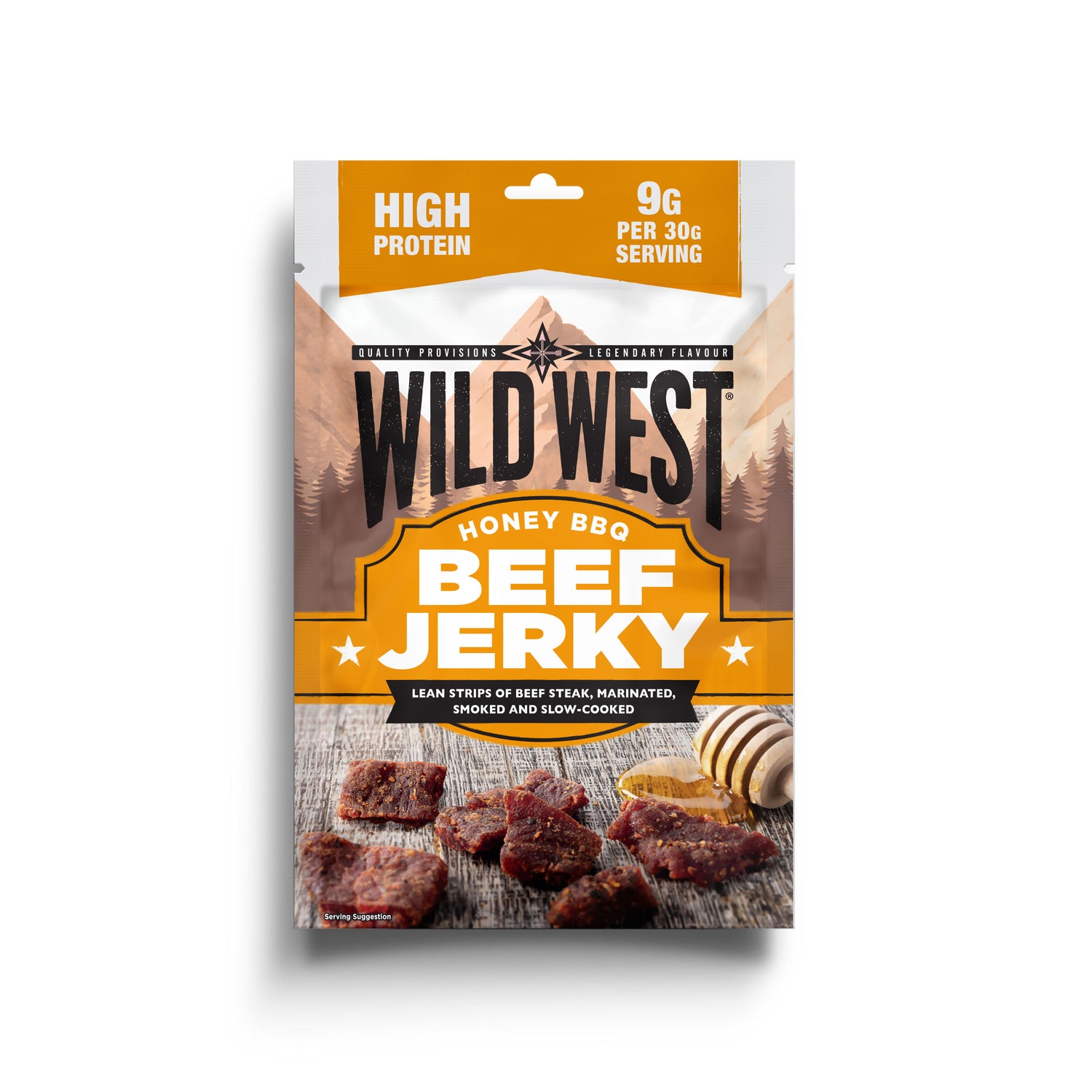 Wild West Honey BBQ Beef Jerky packaging on a white background