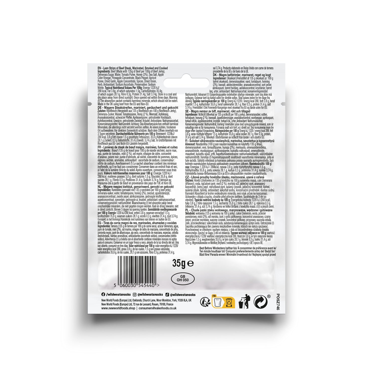 Back view of a Wild West Honey BBQ Beef Jerky product packaging with text and barcode on a white background