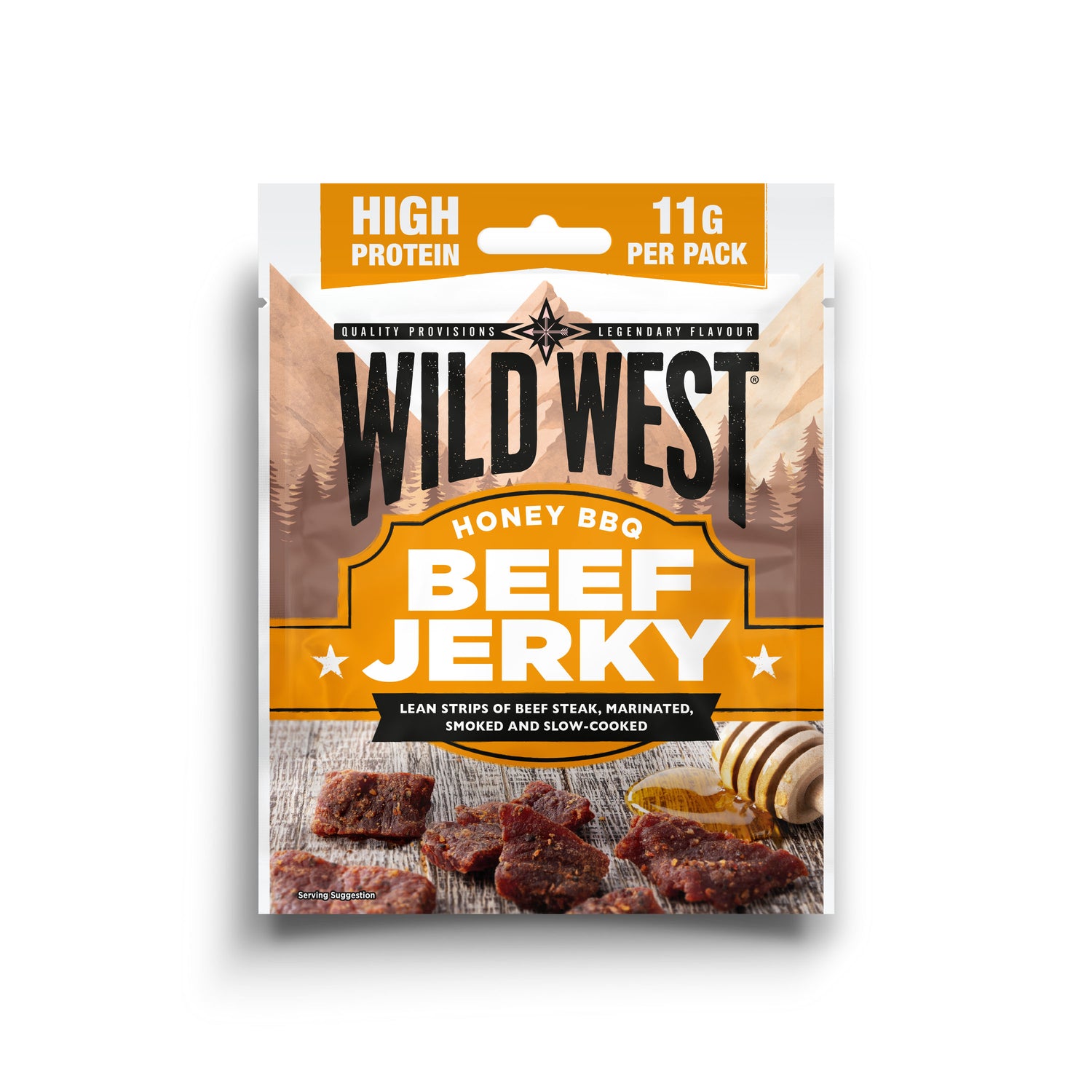 Packaging of Wild West Honey BBQ Beef Jerky on a white background