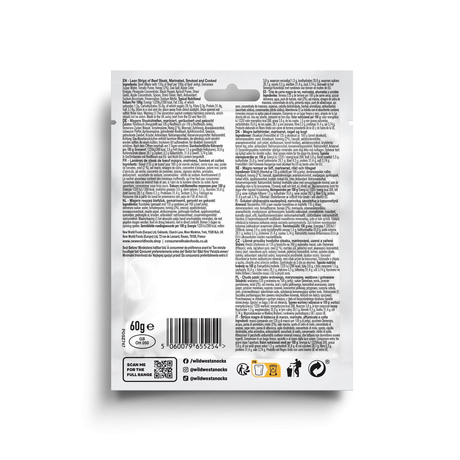 Back view of a package of Wild West Honey BBQ Beef Jerky with text and symbols on a white background