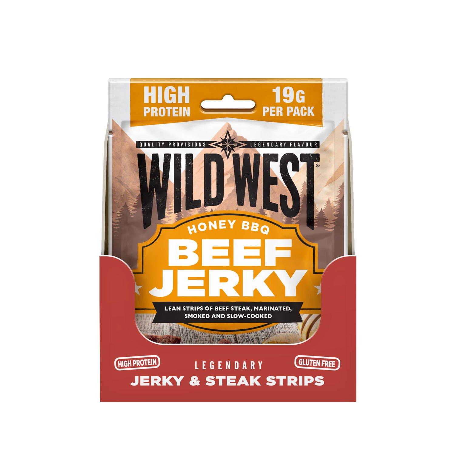 Packaged Honey BBQ flavour beef jerky from Wild West on a white background