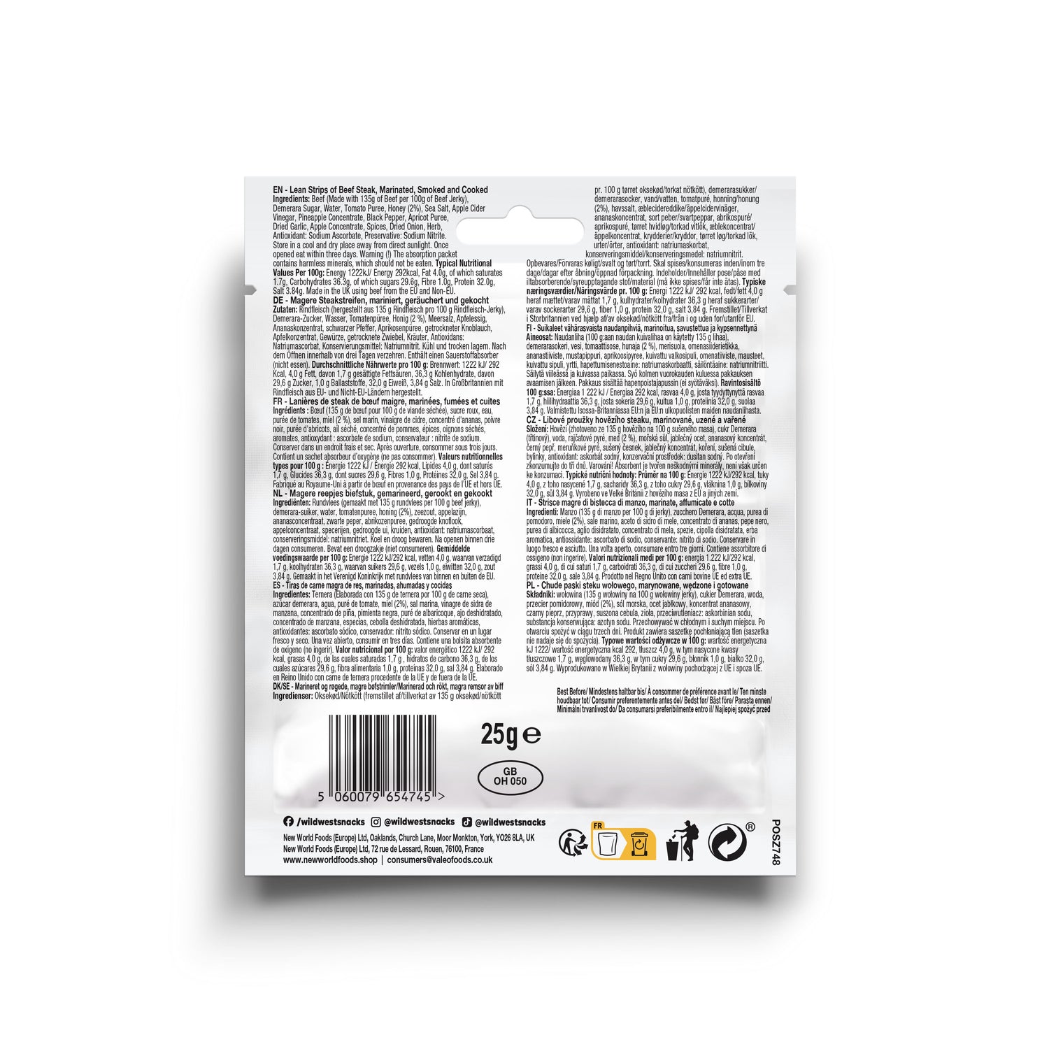 Back view of Wild West Honey BBQ Steak Strips product packaging with text and barcodes on a white background
