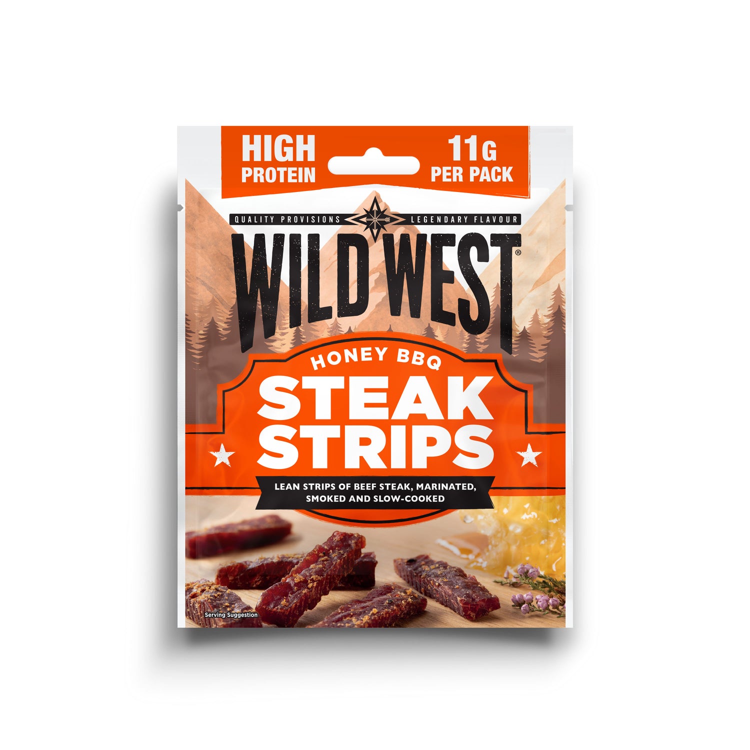 Packaging of Wild West Honey BBQ Steak Strips on a white background