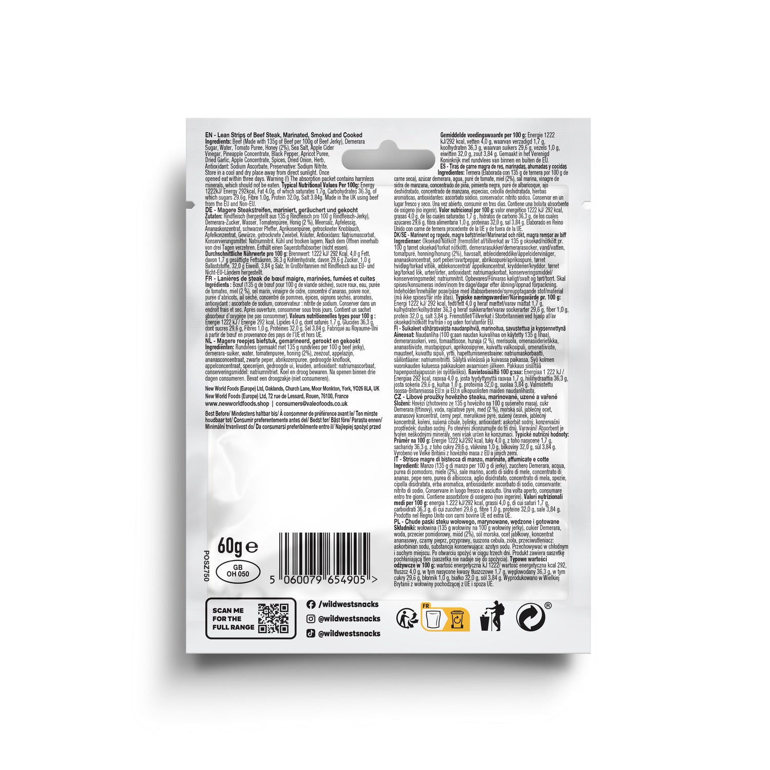 Back view of Wild West Honey BBQ Steak Strips product packaging with text and symbols on a white background