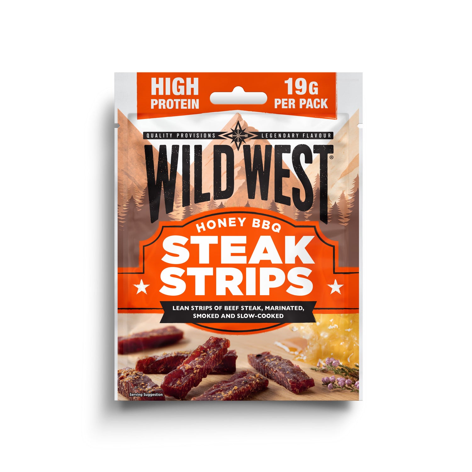 Pack of Wild West Honey BBQ Steak Strips on a white background