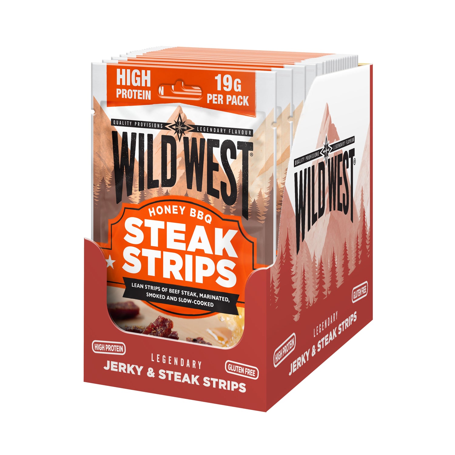 Box of Wild West Honey BBQ Steak Strips on a white background